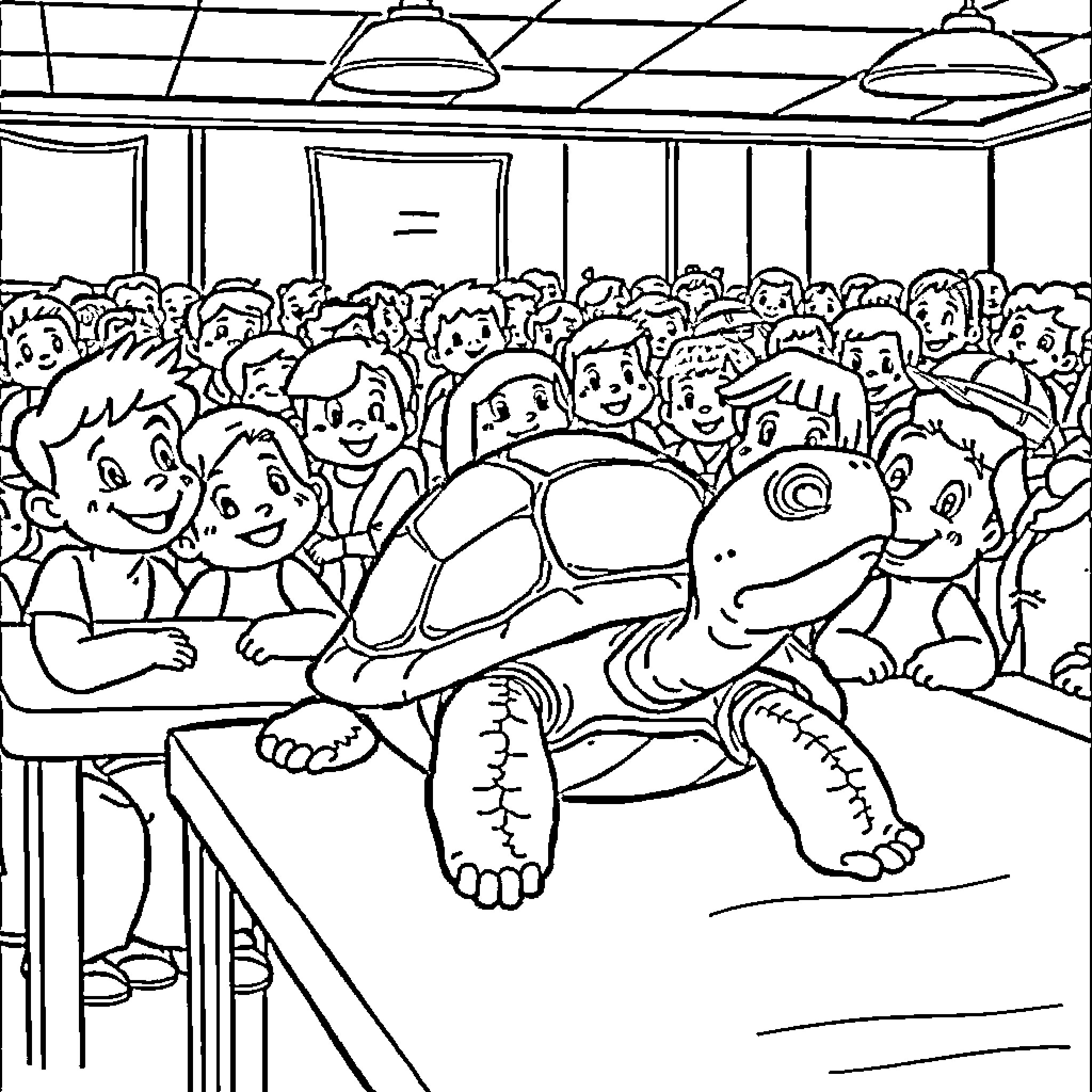 Turtle Surrounded by Smiling Children in Classroom Coloring Page (free black-and-white line drawing printable PDF for all, from beginners to advanced learners, including children, teens, adults, and seniors)