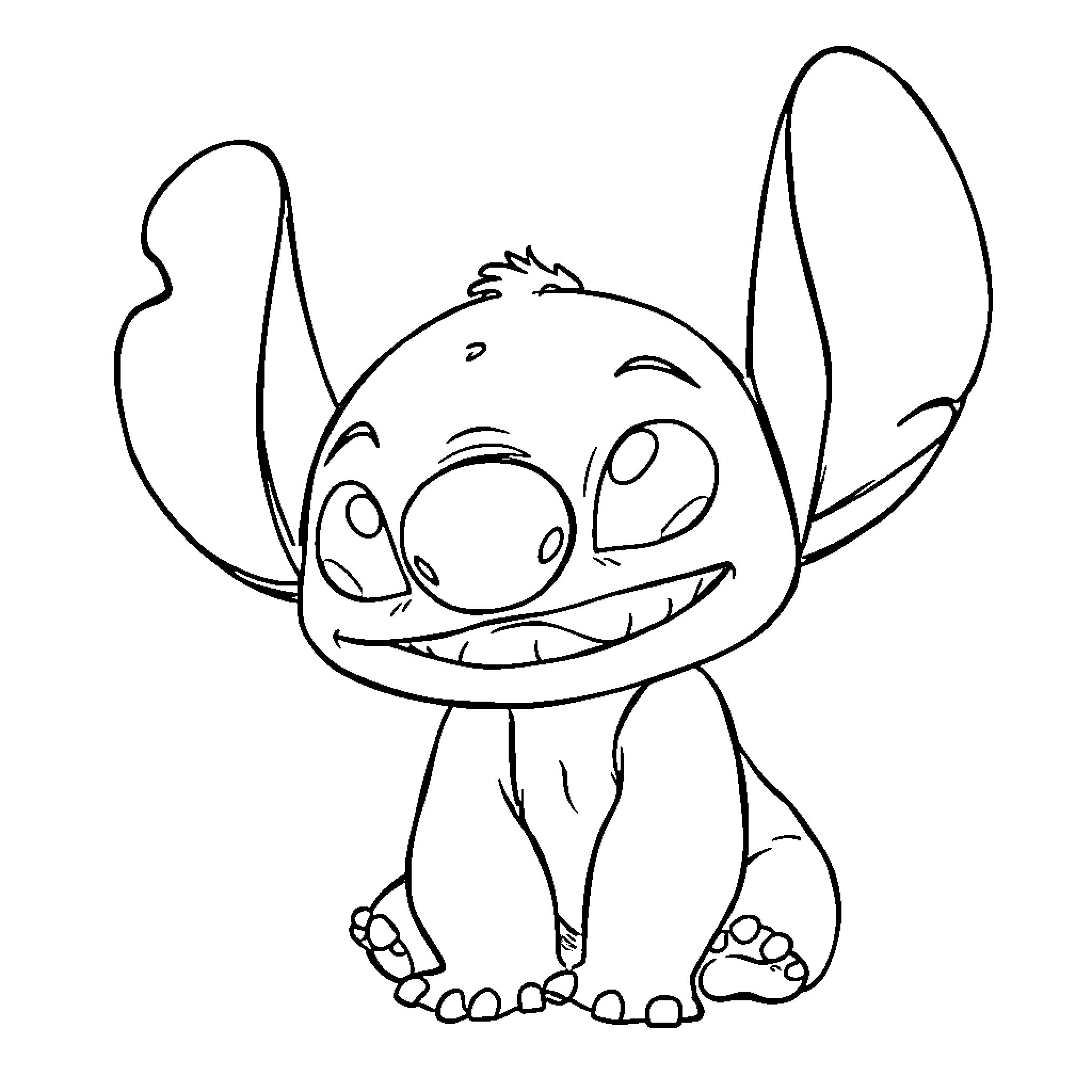 Stitch's Mischievous Grin Coloring Page (free black-and-white line drawing printable PDF for all, from beginners to advanced learners, including children, teens, adults, and seniors)