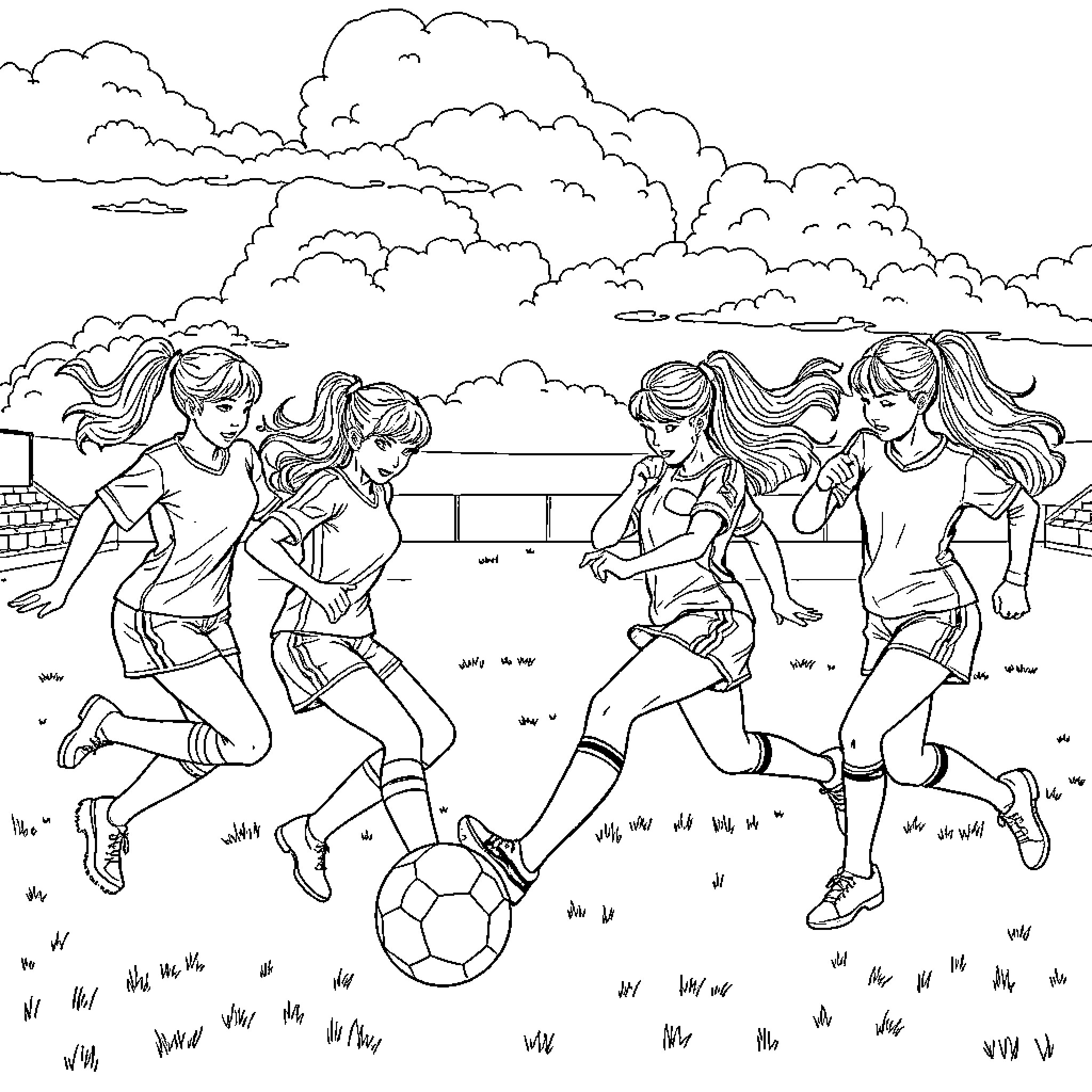 Kpop Warriors Energetic Soccer Game in the Park Coloring Page (free black-and-white line drawing printable PDF for all, from beginners to advanced learners, including children, teens, adults, and seniors)