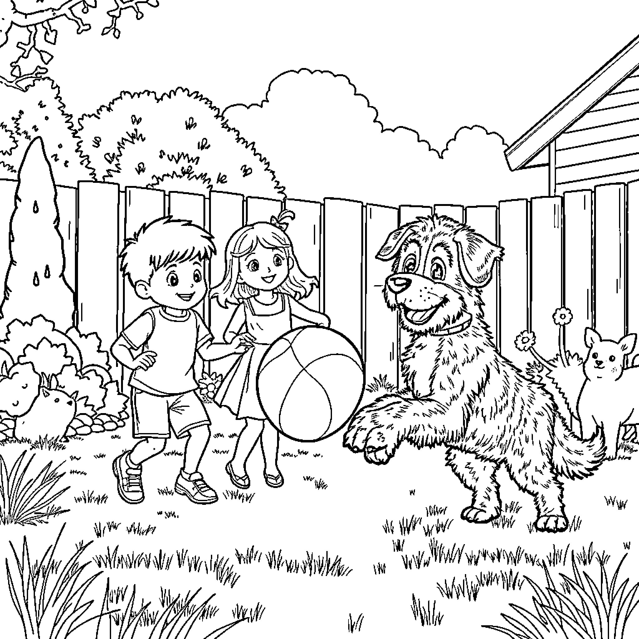 Child playing with dog and ball in the backyard Coloring Page (free black-and-white line drawing printable PDF for all, from beginners to advanced learners, including children, teens, adults, and seniors)