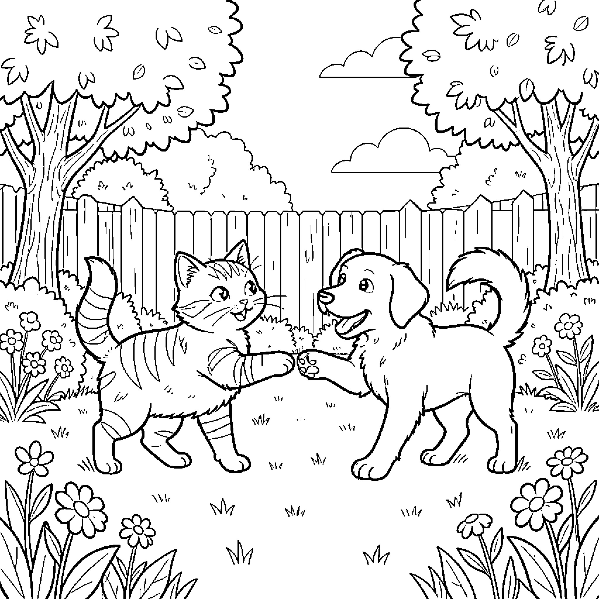 Chat et Chien playing together in a garden Coloring Page (free black-and-white line drawing printable PDF for all, from beginners to advanced learners, including children, teens, adults, and seniors)