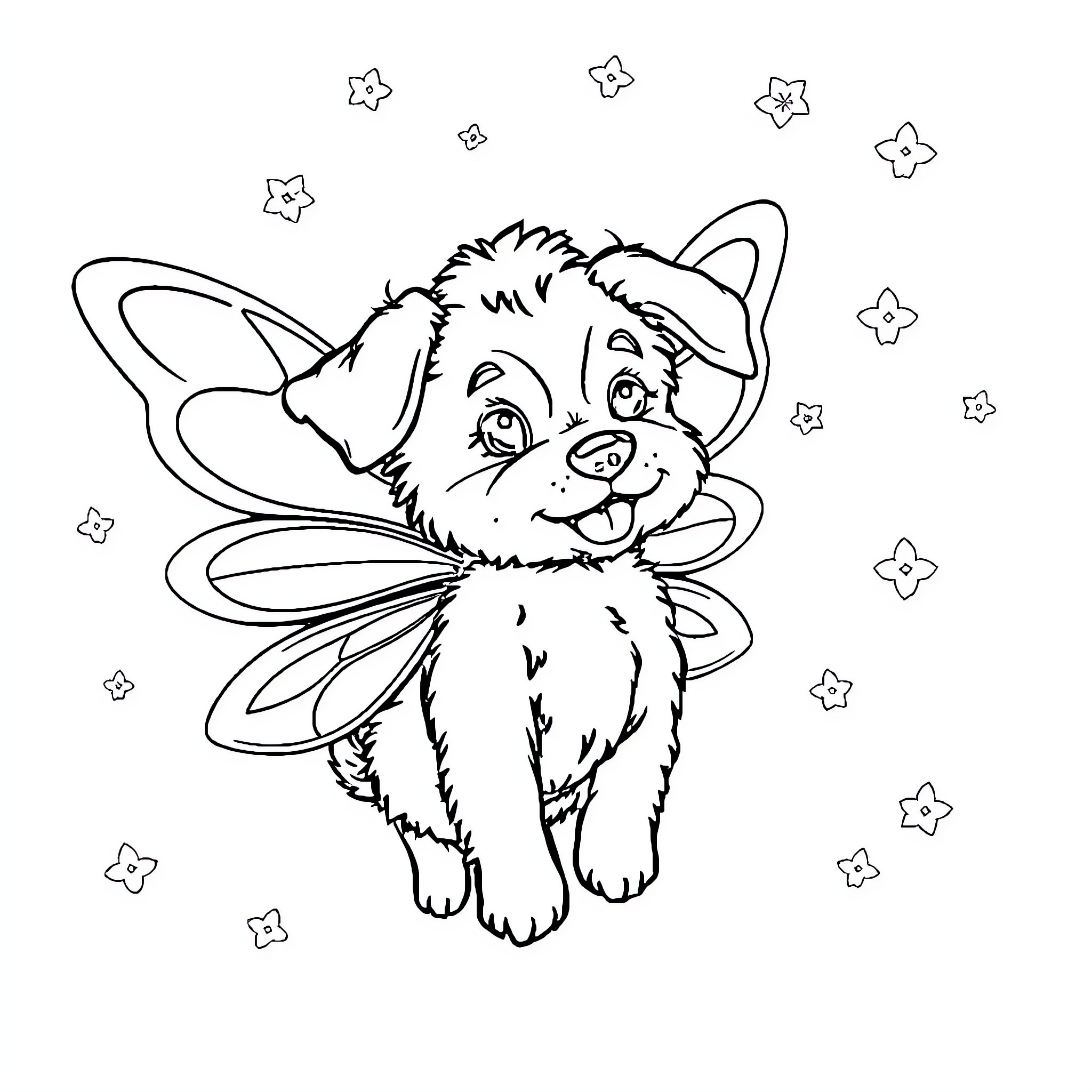 Dog with fairy wings surrounded by stars Coloring Page (free black-and-white line drawing printable PDF for all, from beginners to advanced learners, including children, teens, adults, and seniors)