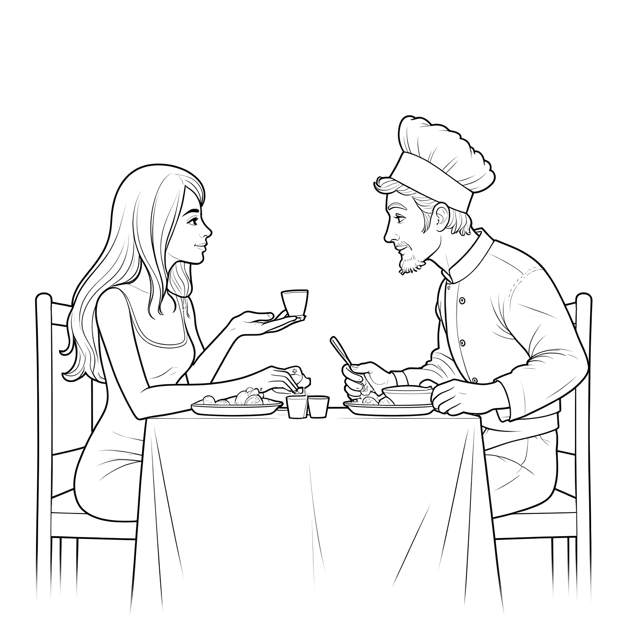 Woman enjoying a meal with a chef in a restaurant Coloring Page (free black-and-white line drawing printable PDF for all, from beginners to advanced learners, including children, teens, adults, and seniors)