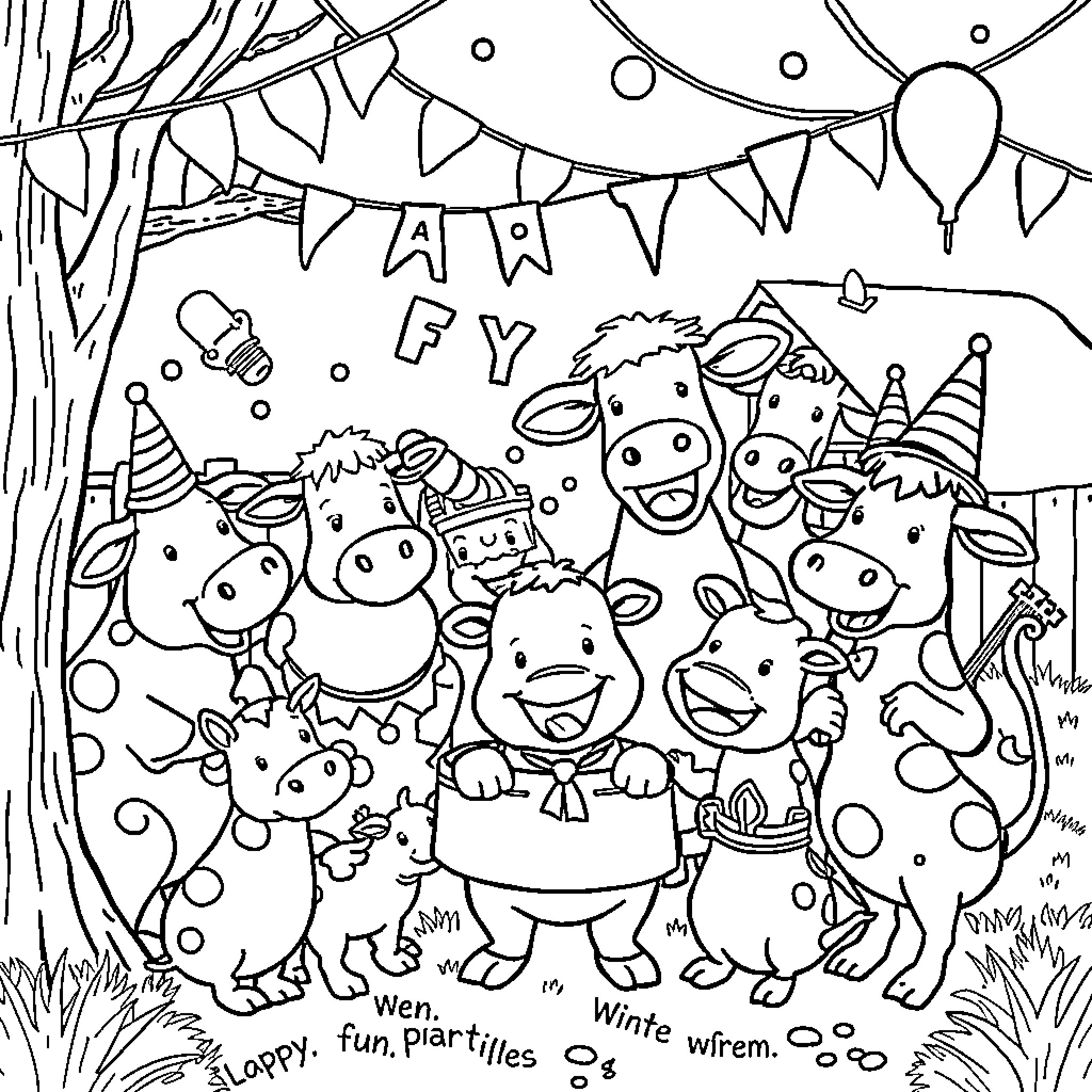 Farm Animal Party Celebration with Festive Decorations Coloring Page (free black-and-white line drawing printable PDF for all, from beginners to advanced learners, including children, teens, adults, and seniors)
