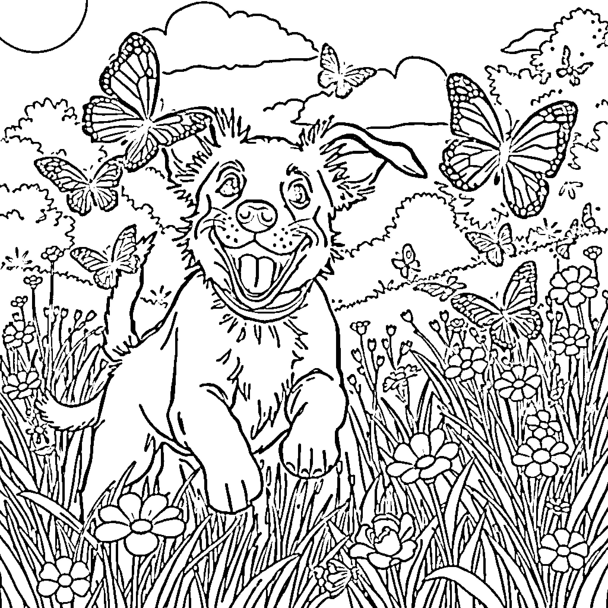 Dog happily playing in a nature scene with butterflies Coloring Page (free black-and-white line drawing printable PDF for all, from beginners to advanced learners, including children, teens, adults, and seniors)