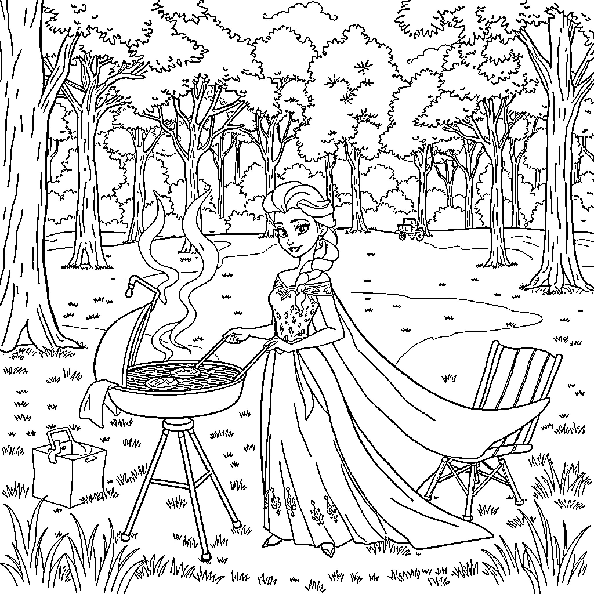 Elsa enjoying a picnic in the enchanted forest Coloring Page (free black-and-white line drawing printable PDF for all, from beginners to advanced learners, including children, teens, adults, and seniors)
