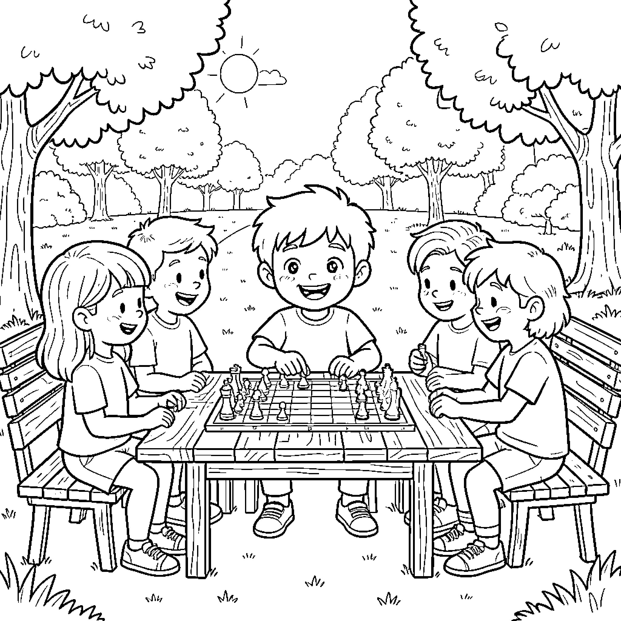 Plim Plim Friends Enjoy Chess Game Outdoors Coloring Page (free black-and-white line drawing printable PDF for all, from beginners to advanced learners, including children, teens, adults, and seniors)