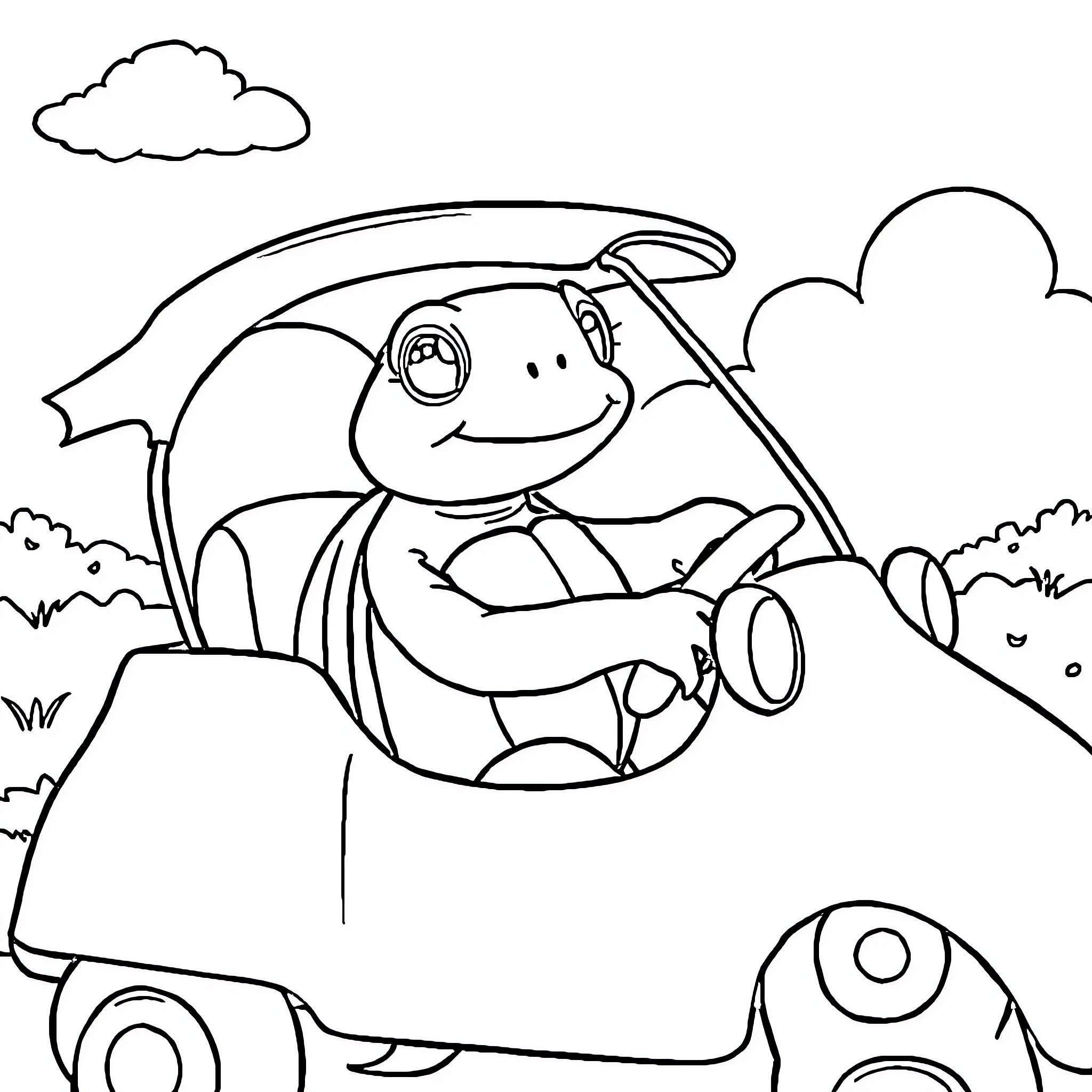 Turtle driving a buggy through the countryside Coloring Page (free black-and-white line drawing printable PDF for all, from beginners to advanced learners, including children, teens, adults, and seniors)