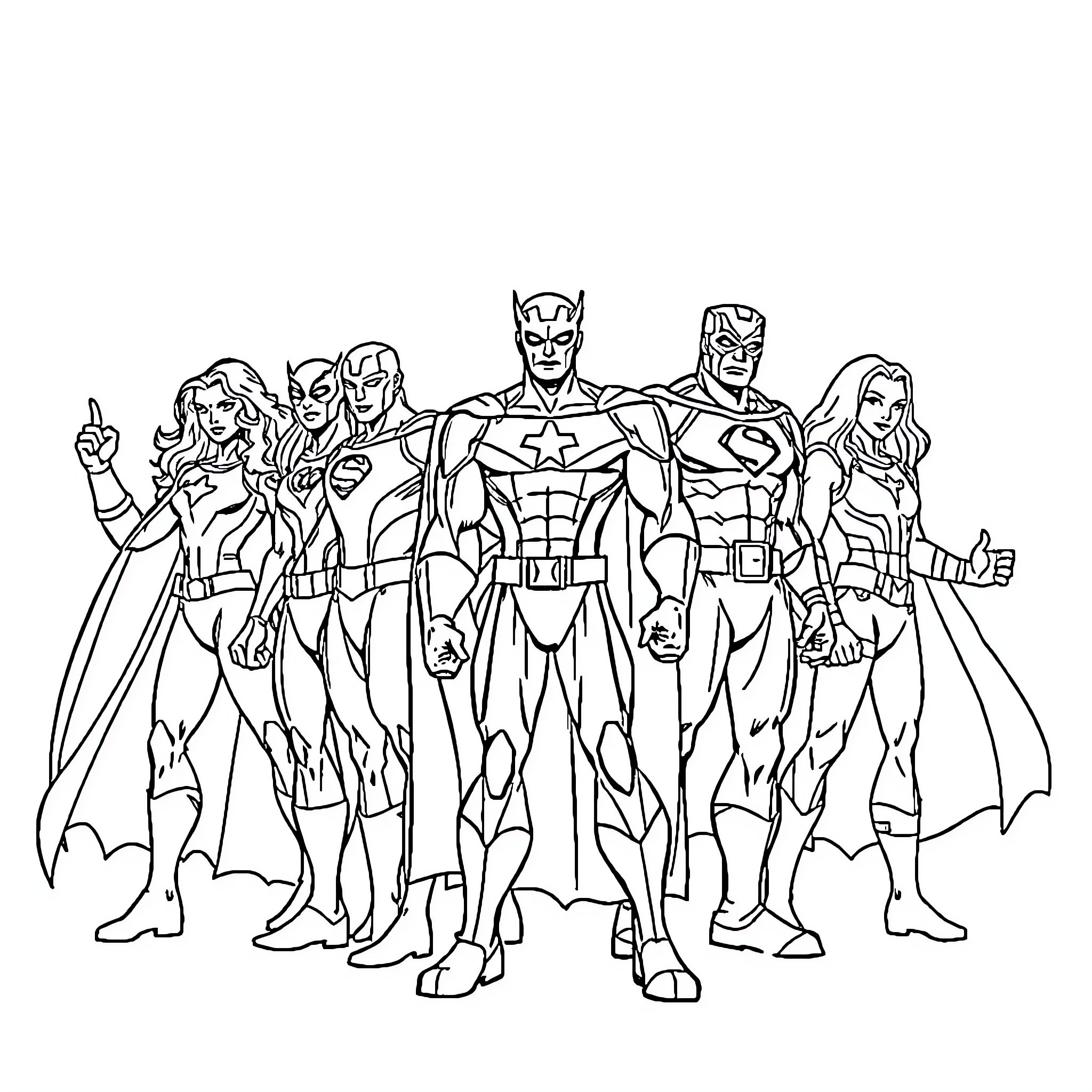 Marvel Superheroes in Action Poses Coloring Page (free black-and-white line drawing printable PDF for all, from beginners to advanced learners, including children, teens, adults, and seniors)