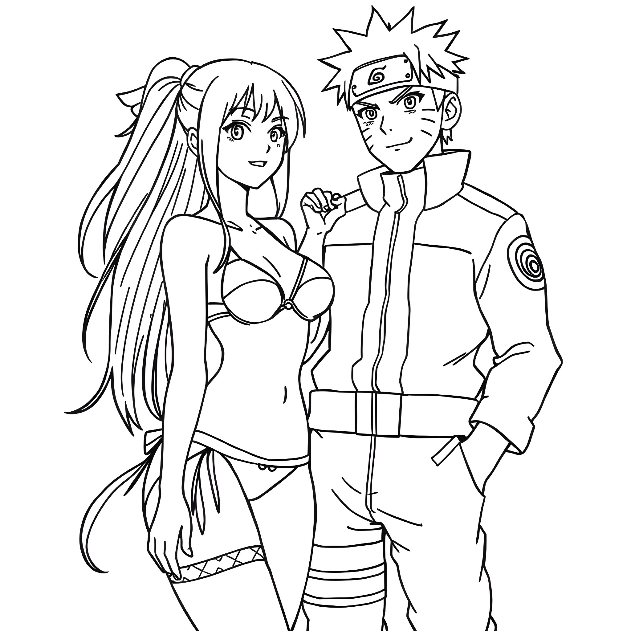 Sakura Ninja Couple's Romantic Adventure Coloring Page (free black-and-white line drawing printable PDF for all, from beginners to advanced learners, including children, teens, adults, and seniors)