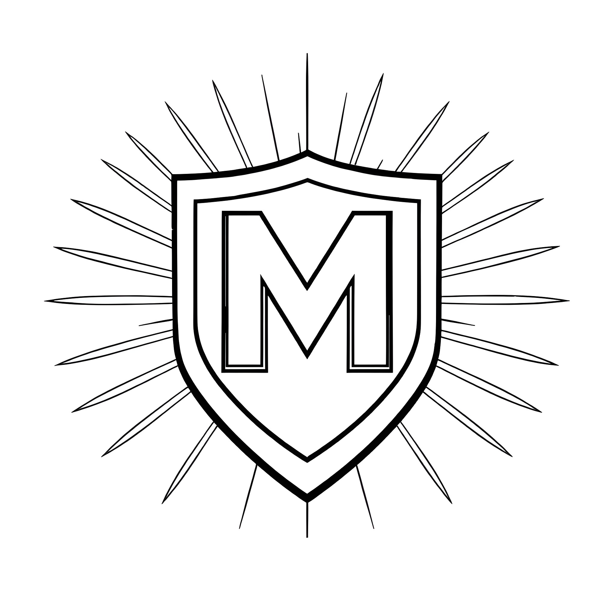 M Logo with Sunburst Shield Coloring Page (free black-and-white line drawing printable PDF for all, from beginners to advanced learners, including children, teens, adults, and seniors)