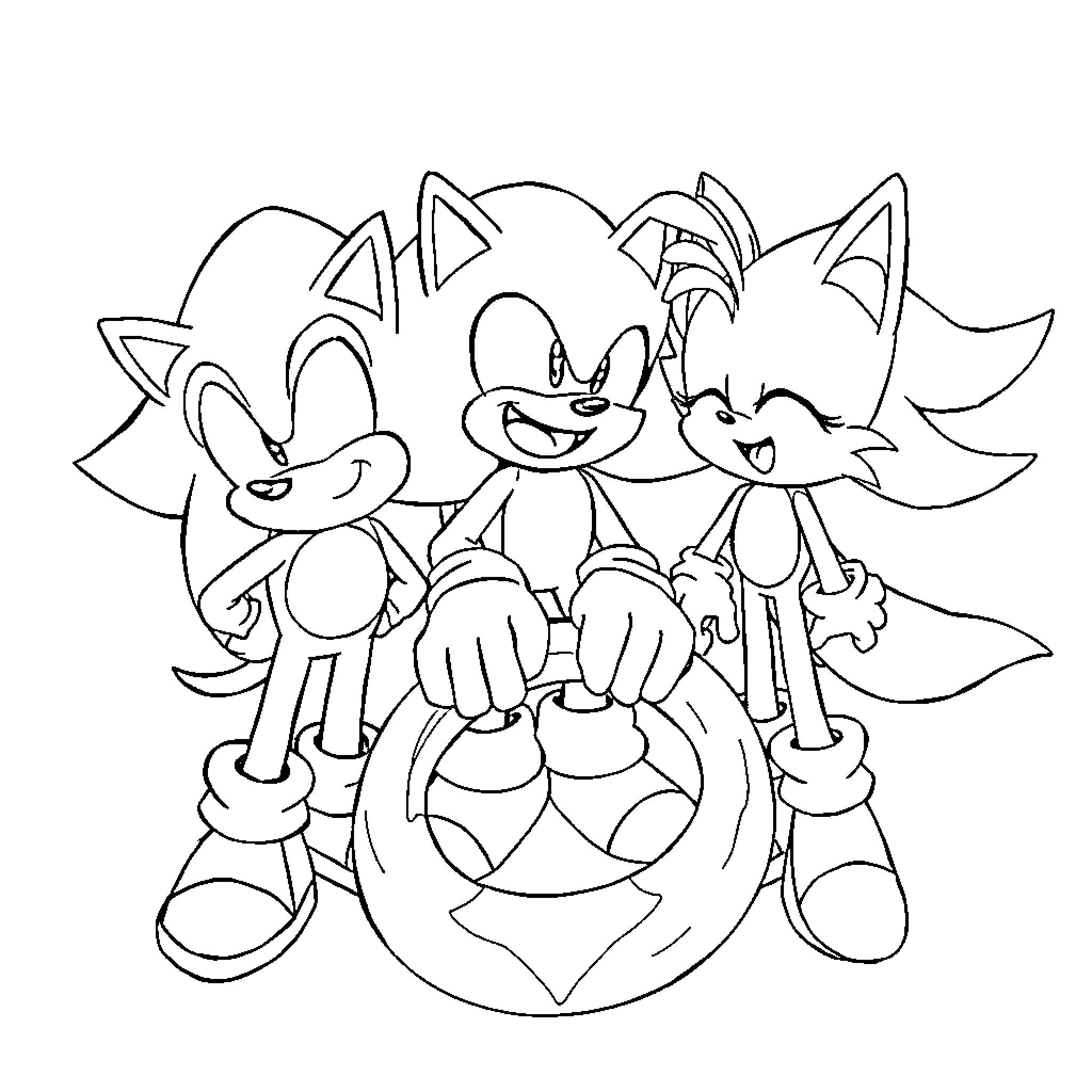 Sonic characters posing together in action Coloring Page (free black-and-white line drawing printable PDF for all, from beginners to advanced learners, including children, teens, adults, and seniors)