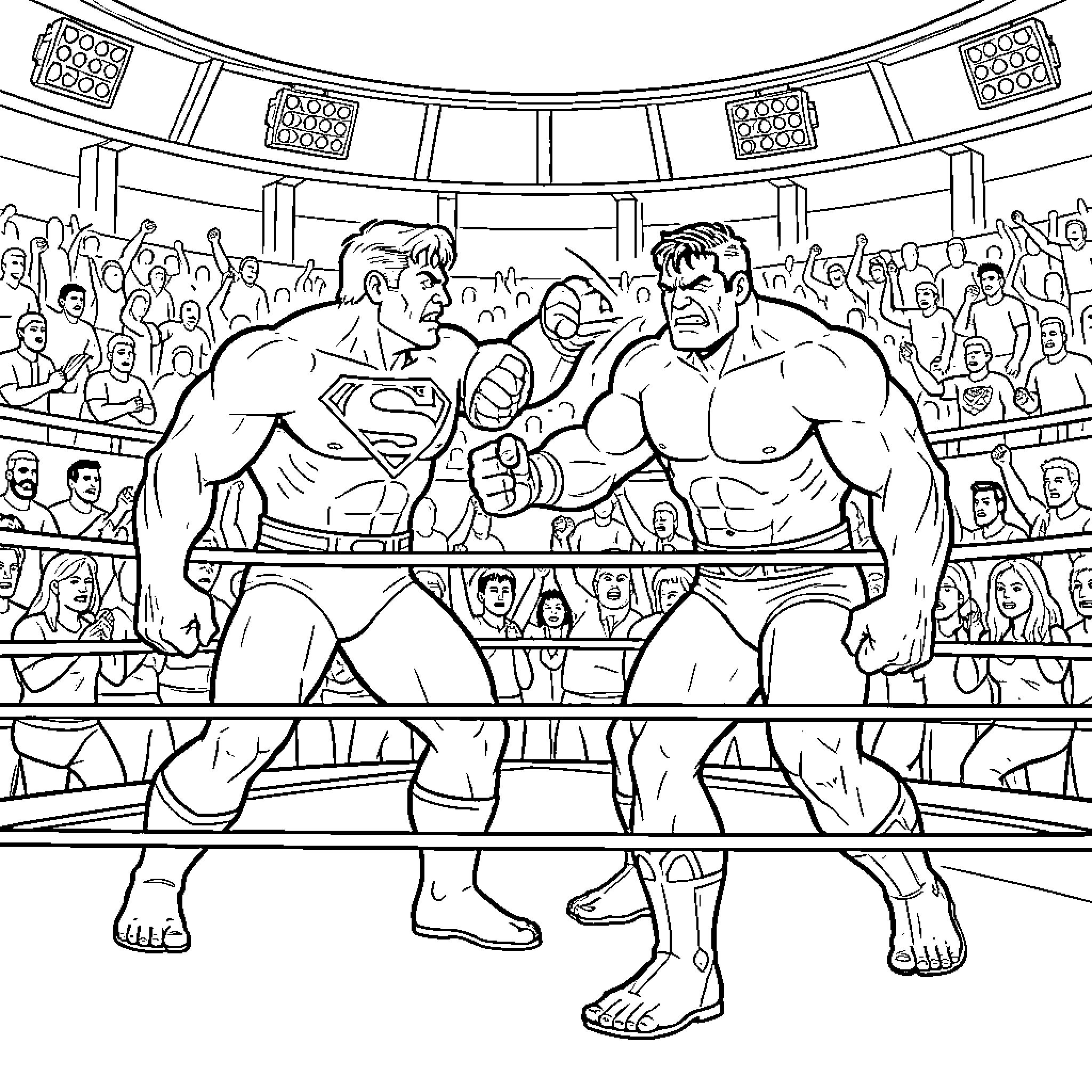 Superman fighting a muscular opponent in a wrestling ring Coloring Page (free black-and-white line drawing printable PDF for all, from beginners to advanced learners, including children, teens, adults, and seniors)