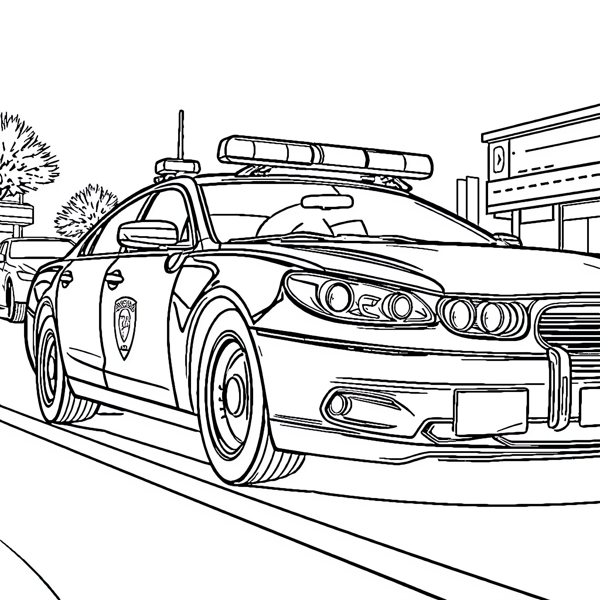 Police Car Responding to Emergency Situation Coloring Page (free black-and-white line drawing printable PDF for all, from beginners to advanced learners, including children, teens, adults, and seniors)