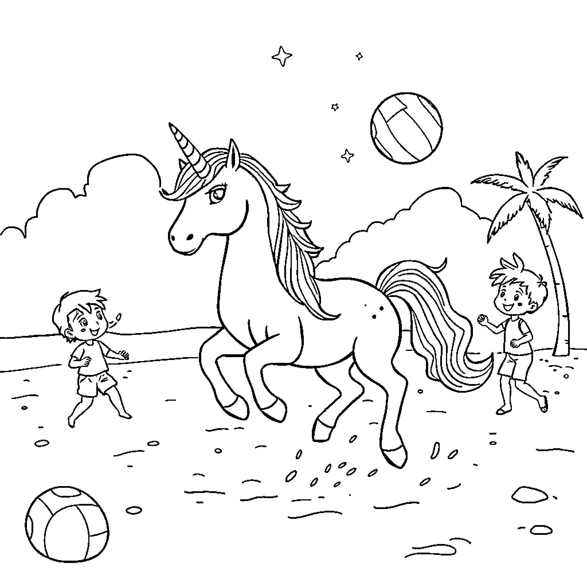 Unicorn playing joyfully with children on the beach Coloring Page (free black-and-white line drawing printable PDF for all, from beginners to advanced learners, including children, teens, adults, and seniors)
