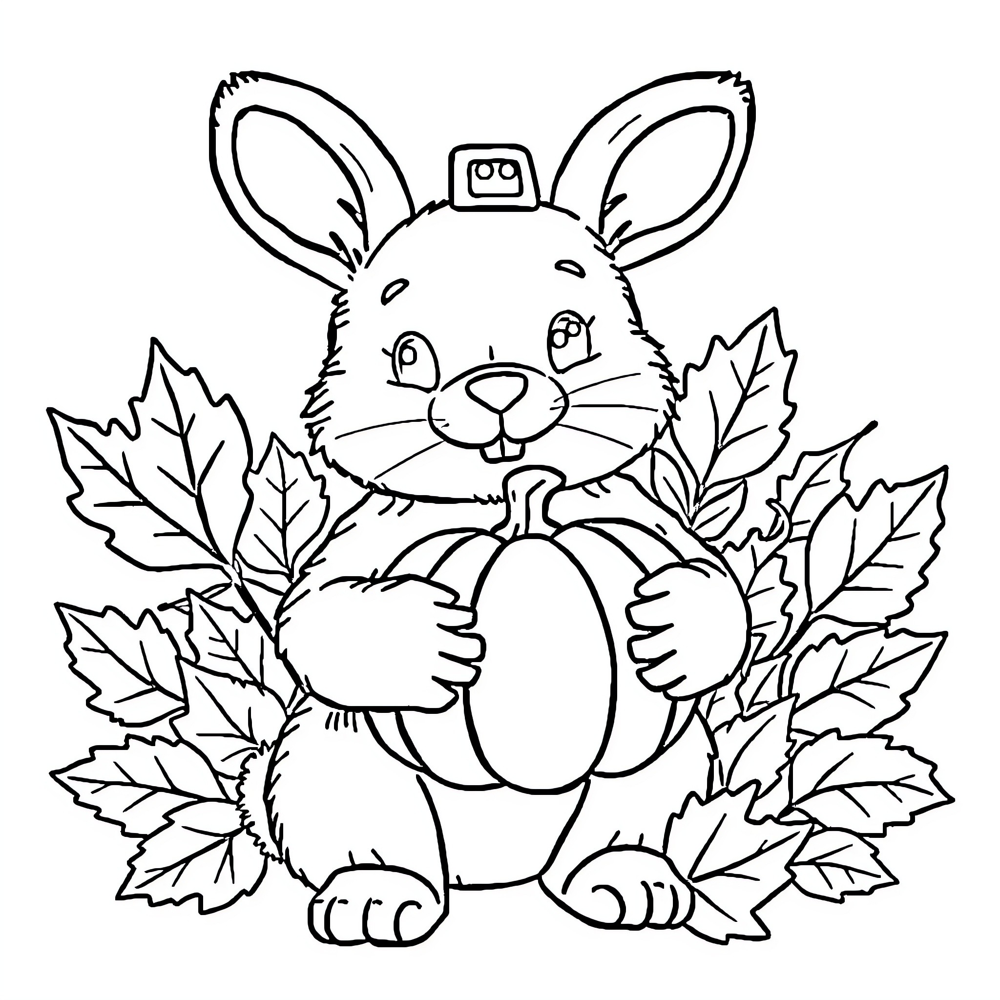 Bunny holding a pumpkin surrounded by autumn leaves Coloring Page (free black-and-white line drawing printable PDF for all, from beginners to advanced learners, including children, teens, adults, and seniors)