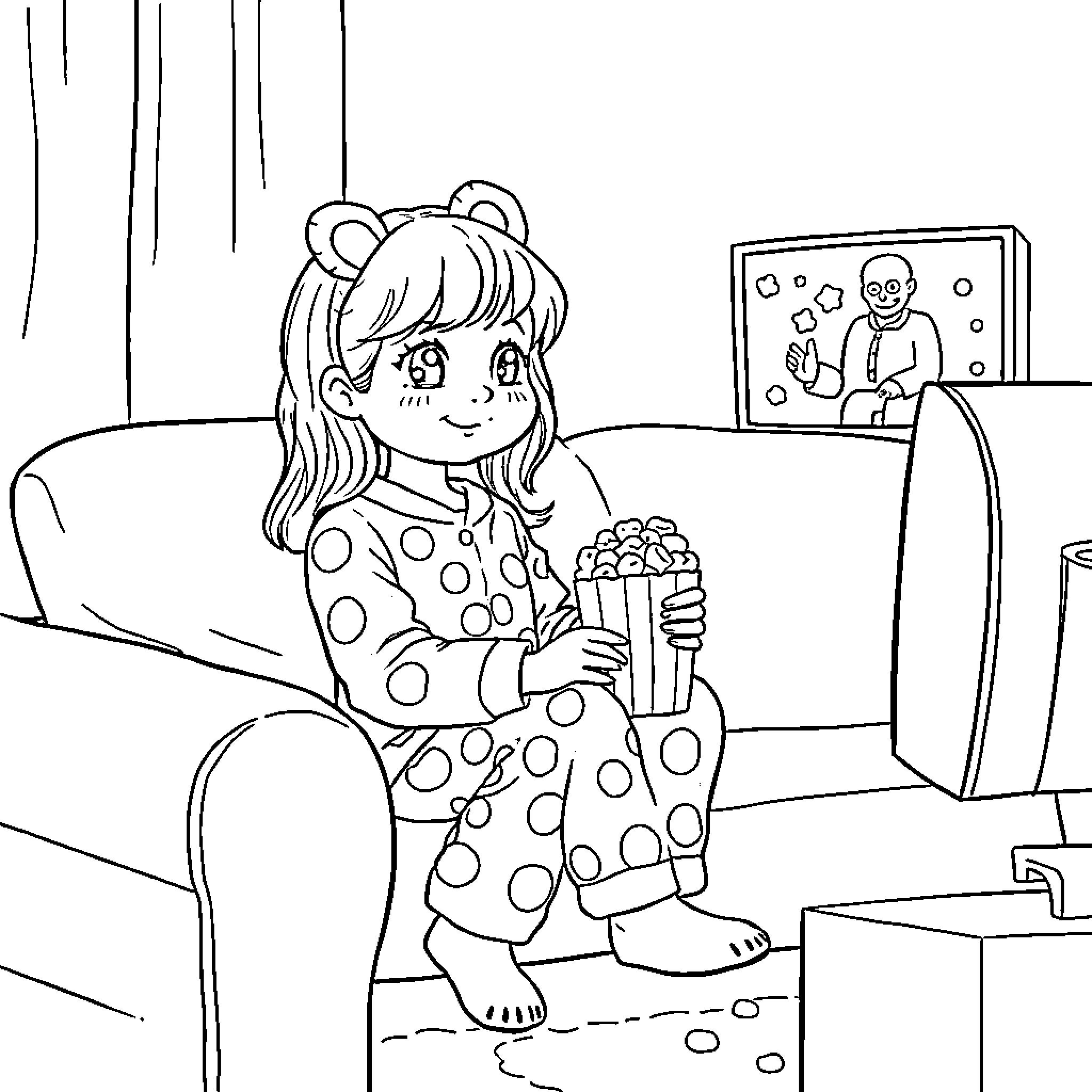 Girl enjoying snacks while watching television Coloring Page (free black-and-white line drawing printable PDF for all, from beginners to advanced learners, including children, teens, adults, and seniors)