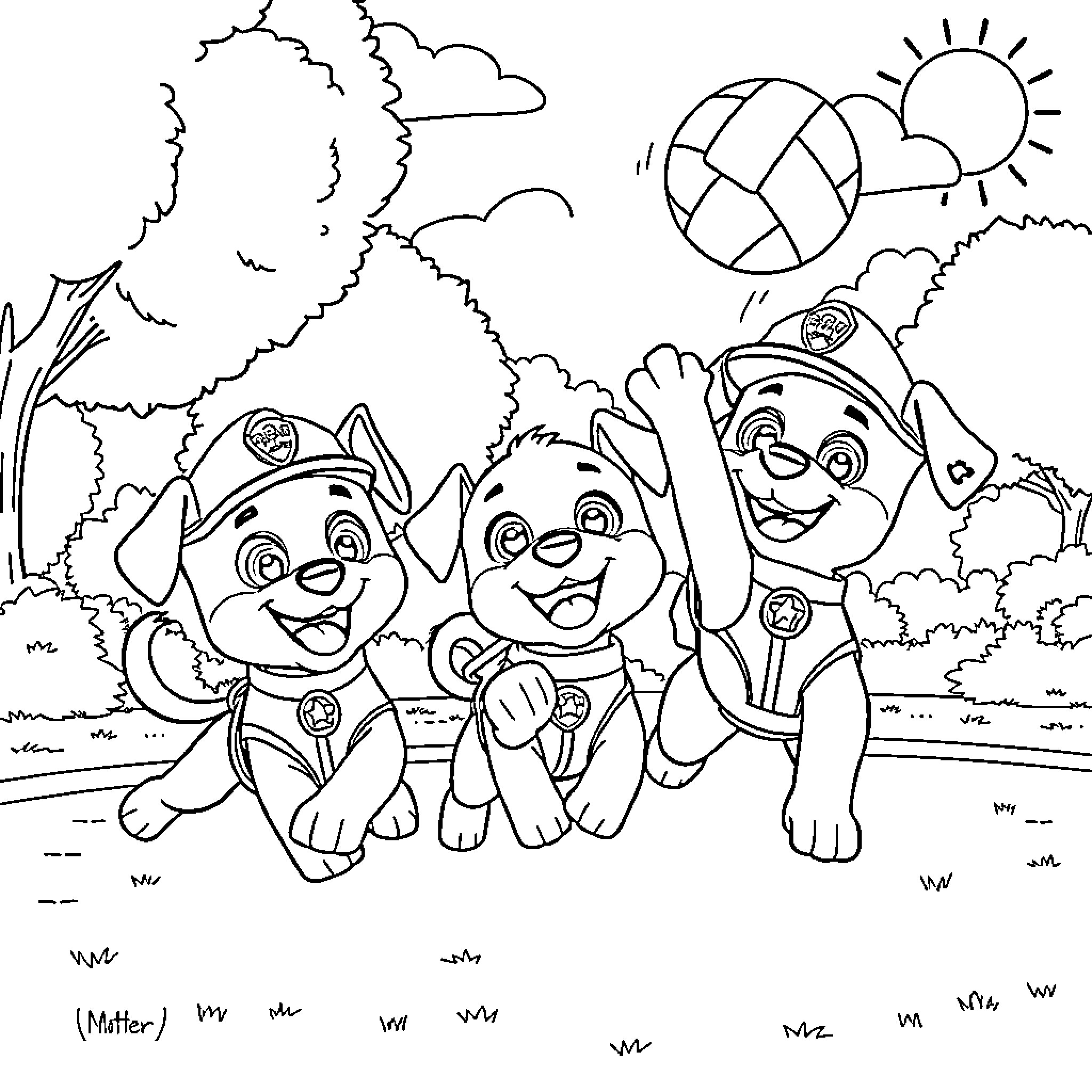 Puppy Pals Playing in the Park Coloring Page (free black-and-white line drawing printable PDF for all, from beginners to advanced learners, including children, teens, adults, and seniors)