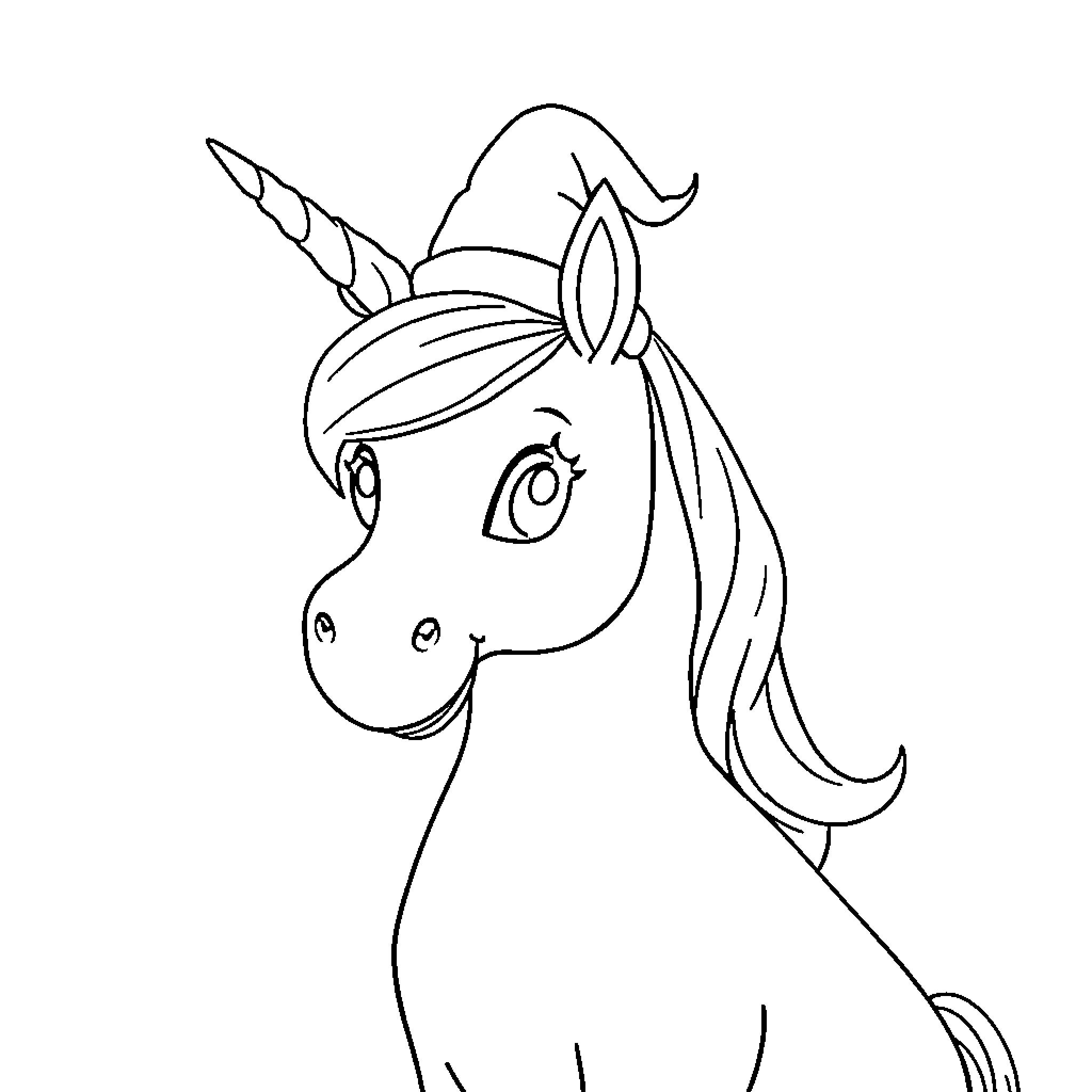 Unicorn with Whimsical Hat and Expression Coloring Page (free black-and-white line drawing printable PDF for all, from beginners to advanced learners, including children, teens, adults, and seniors)