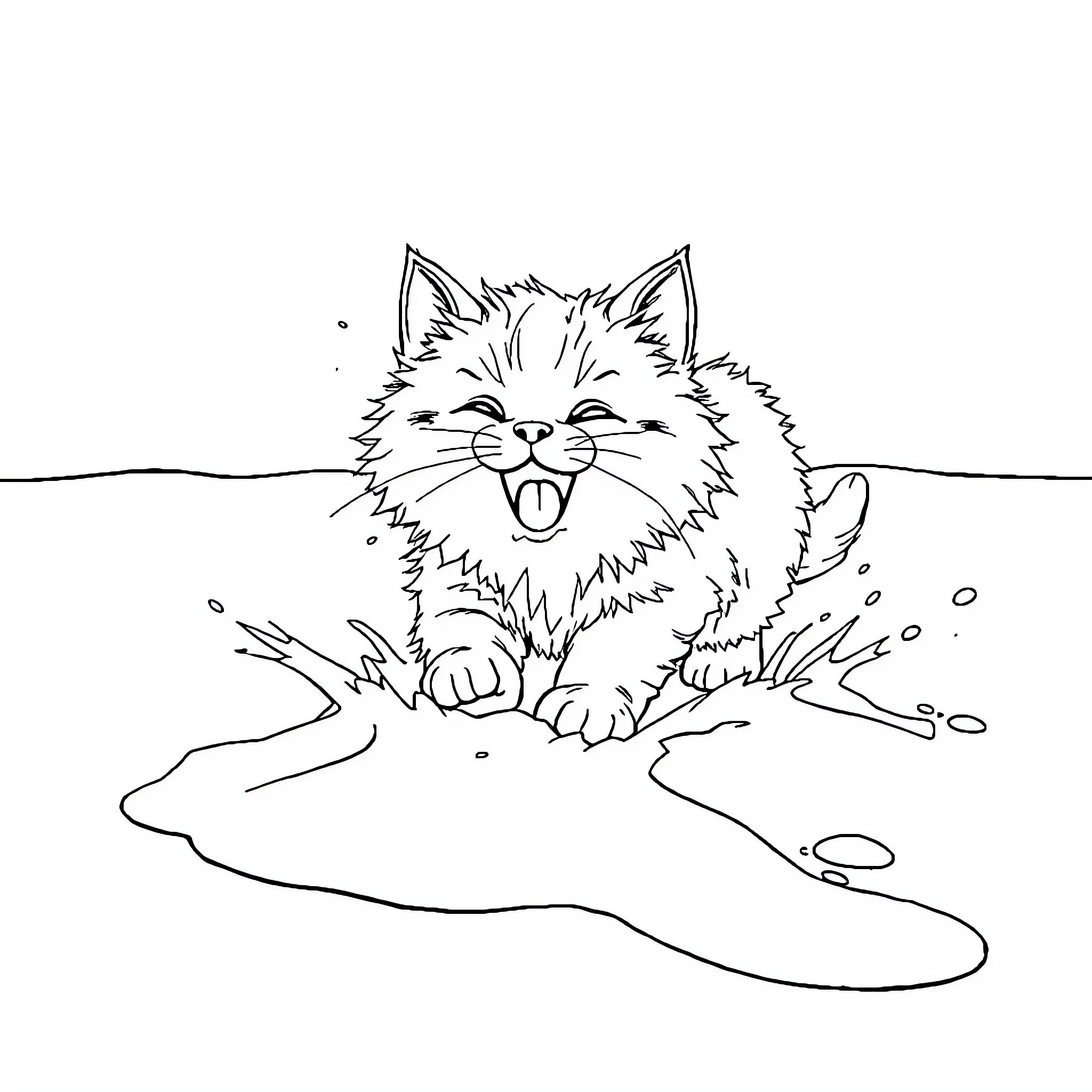 Cat playing joyfully in puddle Coloring Page (free black-and-white line drawing printable PDF for all, from beginners to advanced learners, including children, teens, adults, and seniors)