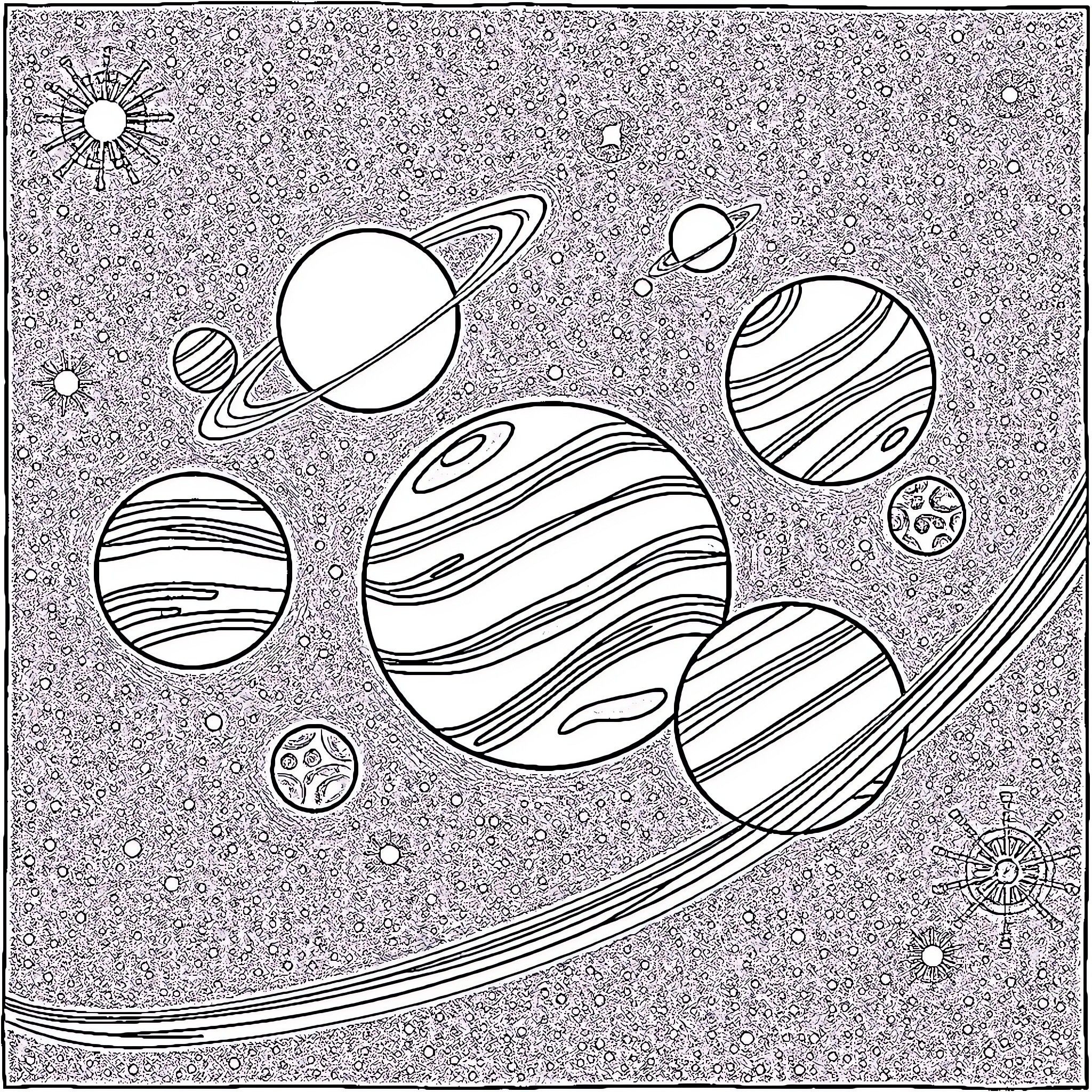 Planet Exploration in the Cosmic Universe Coloring Page (free black-and-white line drawing printable PDF for all, from beginners to advanced learners, including children, teens, adults, and seniors)