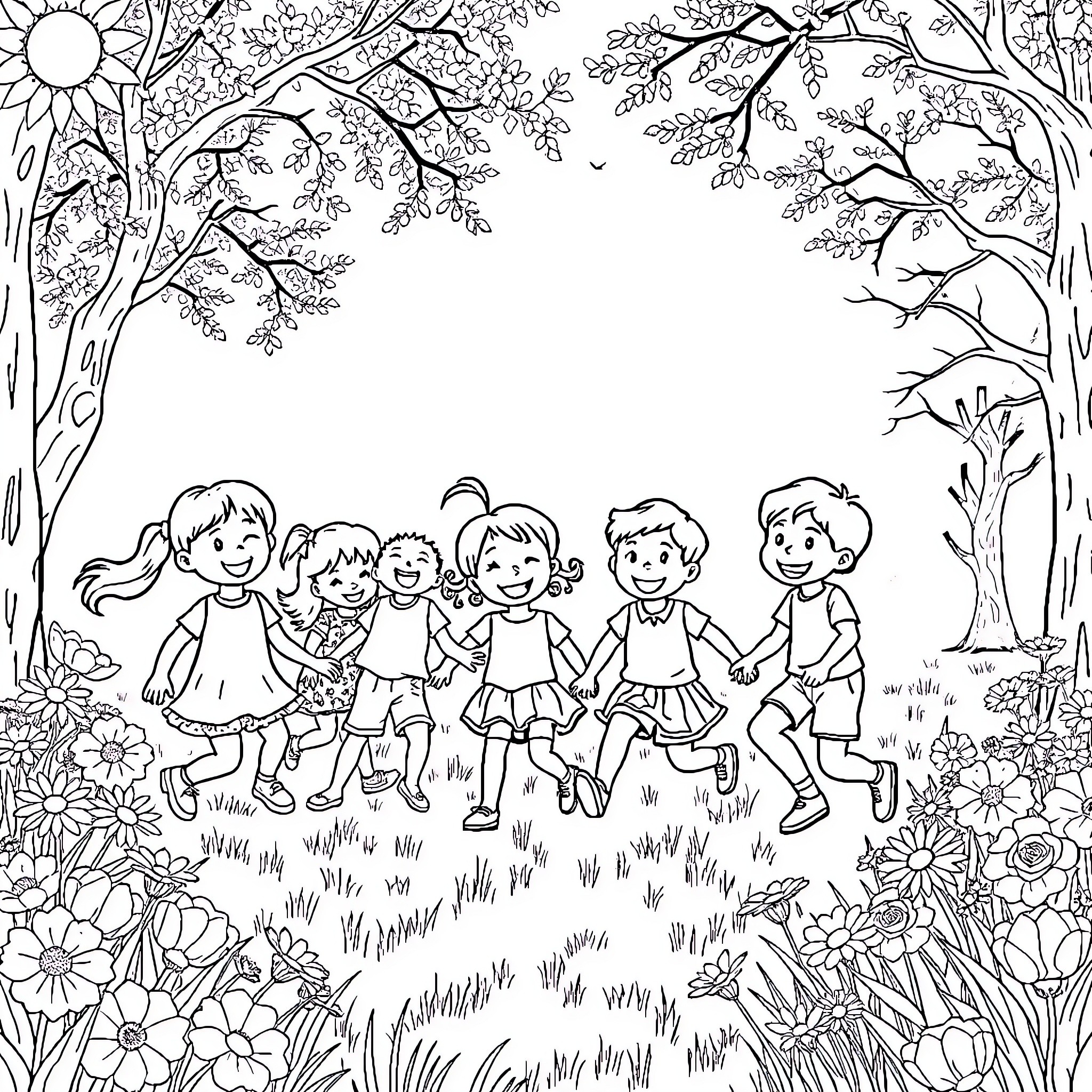 Children playing happily in a nature scene Coloring Page (free black-and-white line drawing printable PDF for all, from beginners to advanced learners, including children, teens, adults, and seniors)
