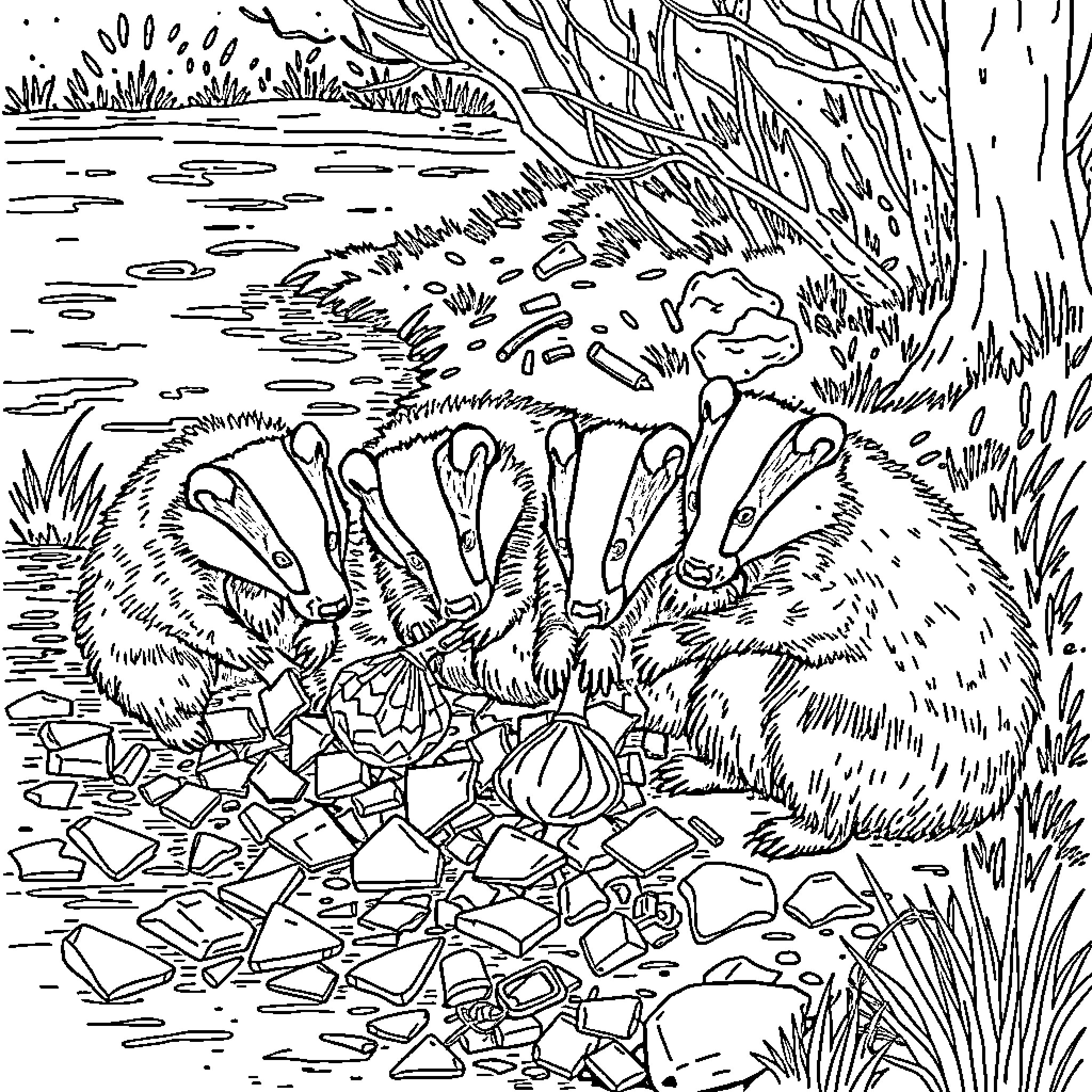 Badger family exploring the woodland pond Coloring Page (free black-and-white line drawing printable PDF for all, from beginners to advanced learners, including children, teens, adults, and seniors)