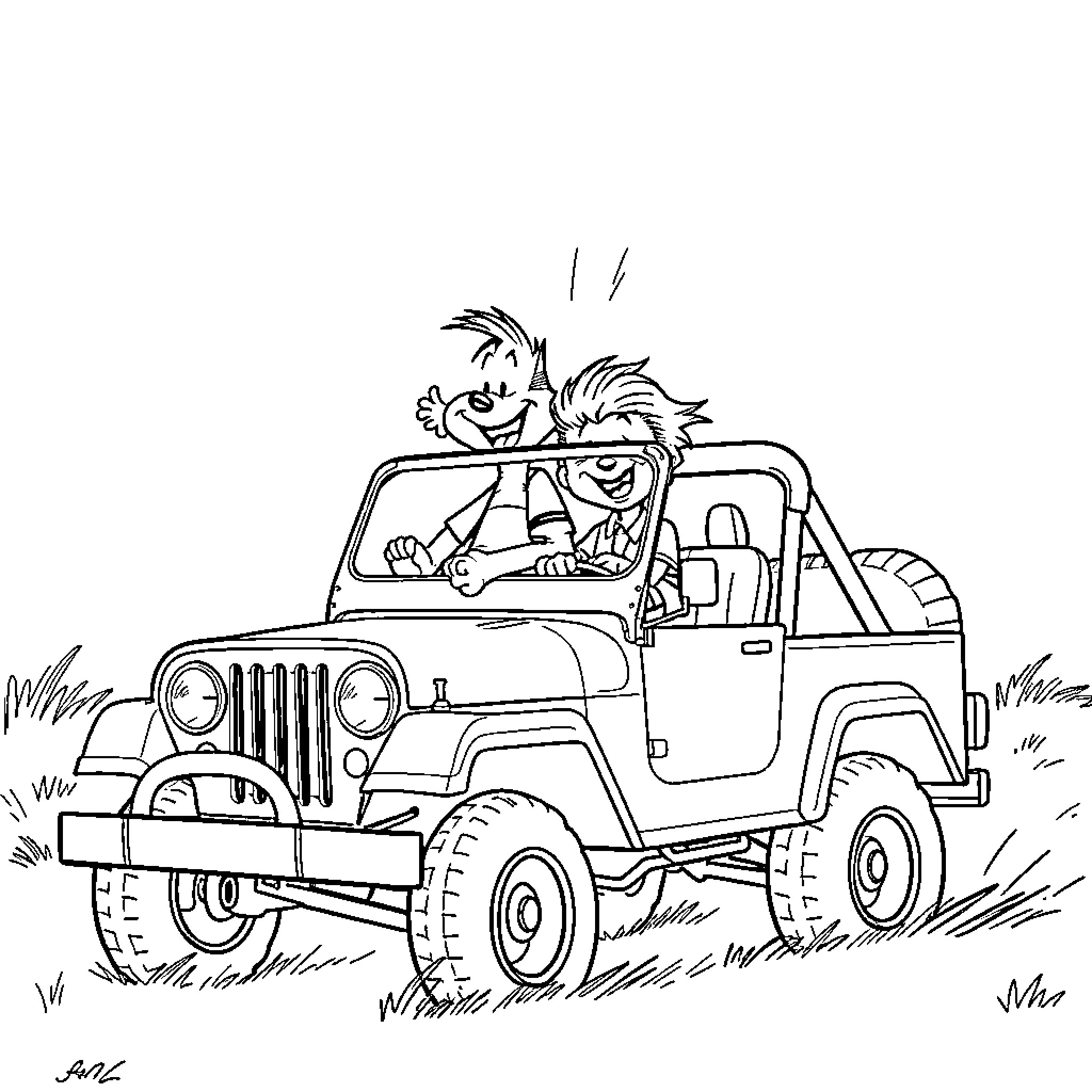 Calvin's Wild Jeep Adventure Coloring Page (free black-and-white line drawing printable PDF for all, from beginners to advanced learners, including children, teens, adults, and seniors)
