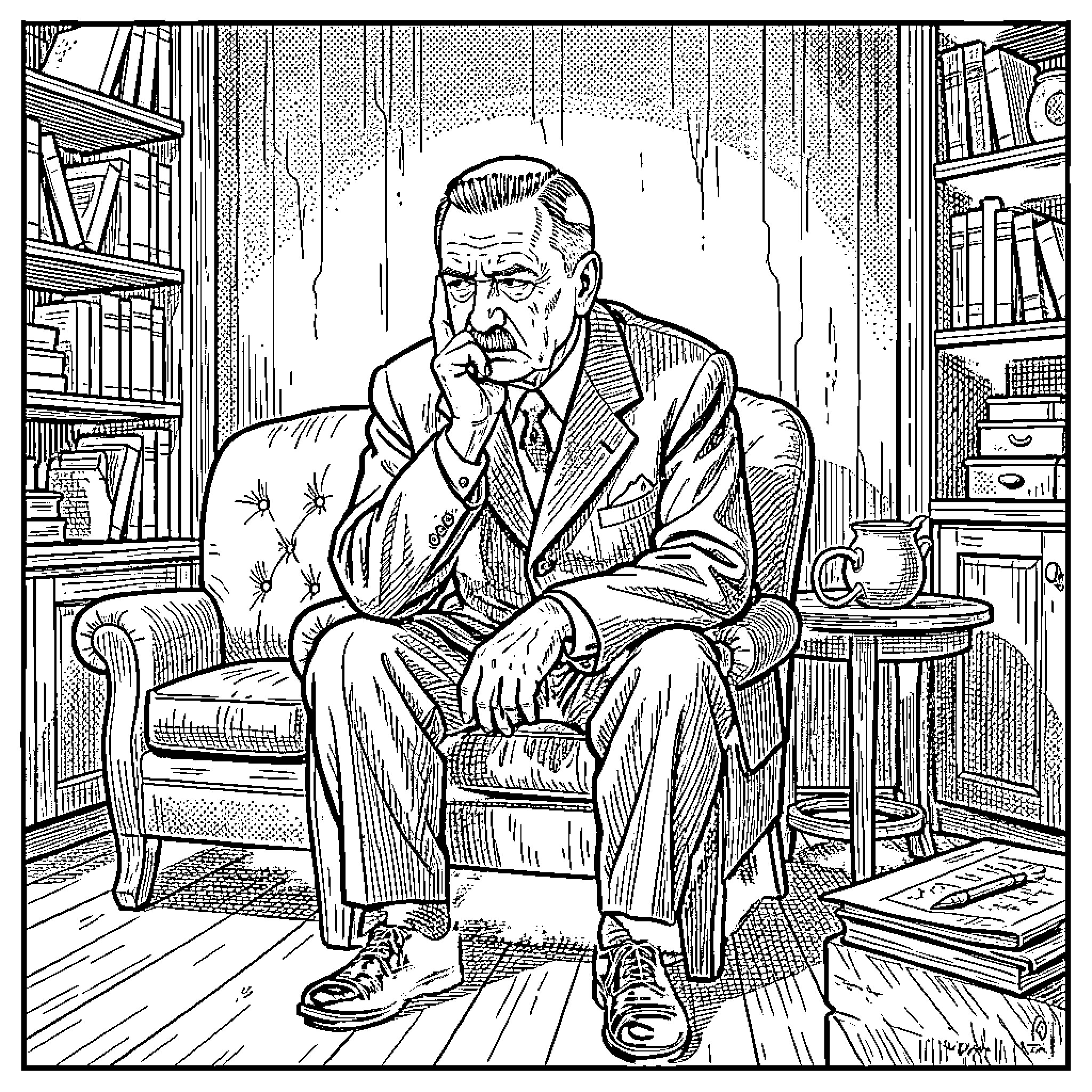 Adolf Hitler pondering in a study surrounded by books Coloring Page (free black-and-white line drawing printable PDF for all, from beginners to advanced learners, including children, teens, adults, and seniors)