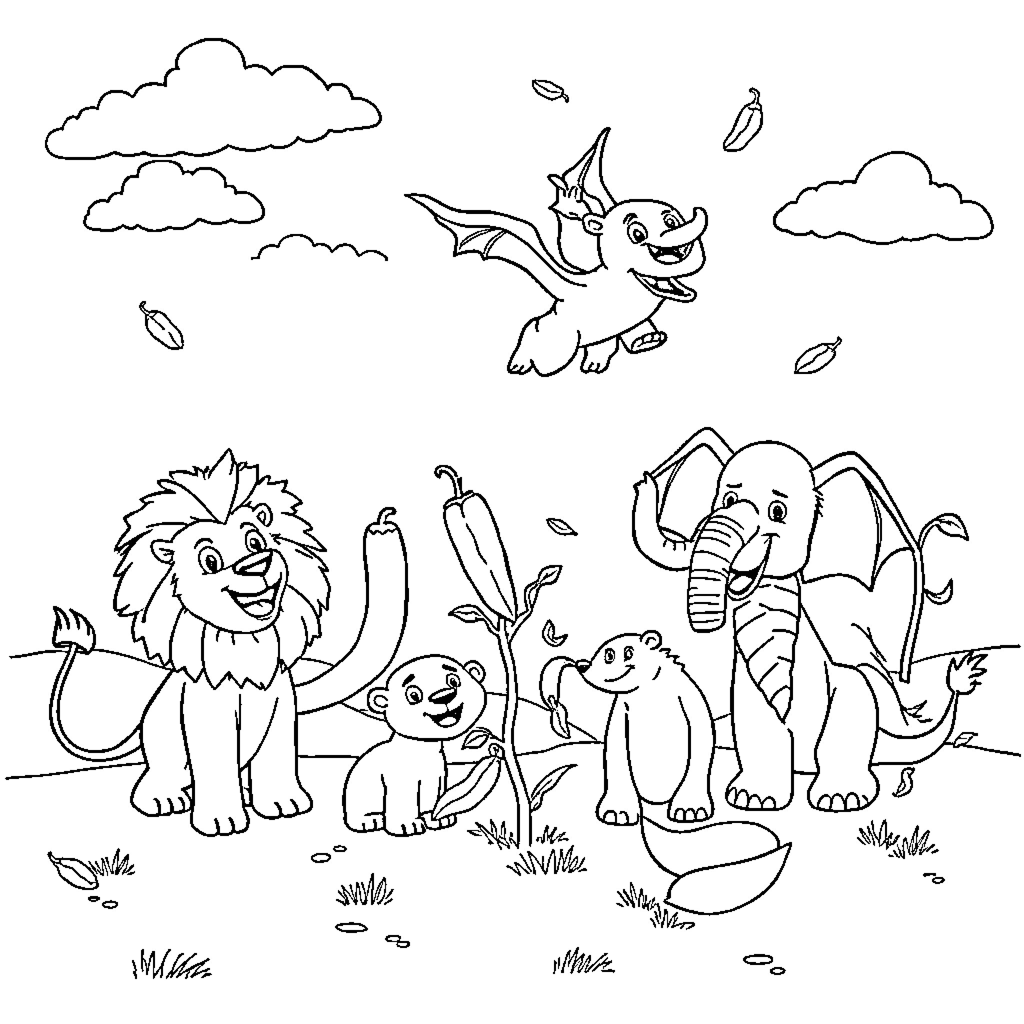 Animal characters playing in the wild landscape Coloring Page (free black-and-white line drawing printable PDF for all, from beginners to advanced learners, including children, teens, adults, and seniors)