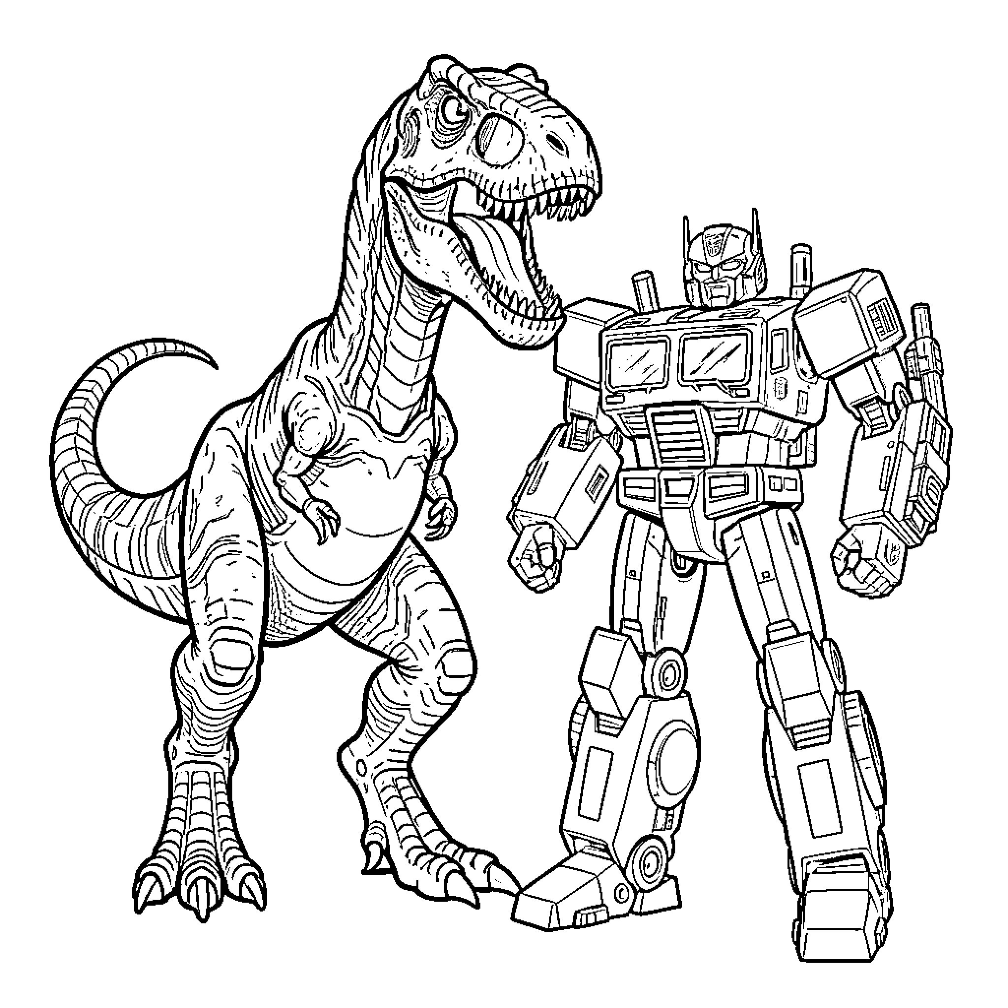 T-Rex battling a transforming robot Coloring Page (free black-and-white line drawing printable PDF for all, from beginners to advanced learners, including children, teens, adults, and seniors)