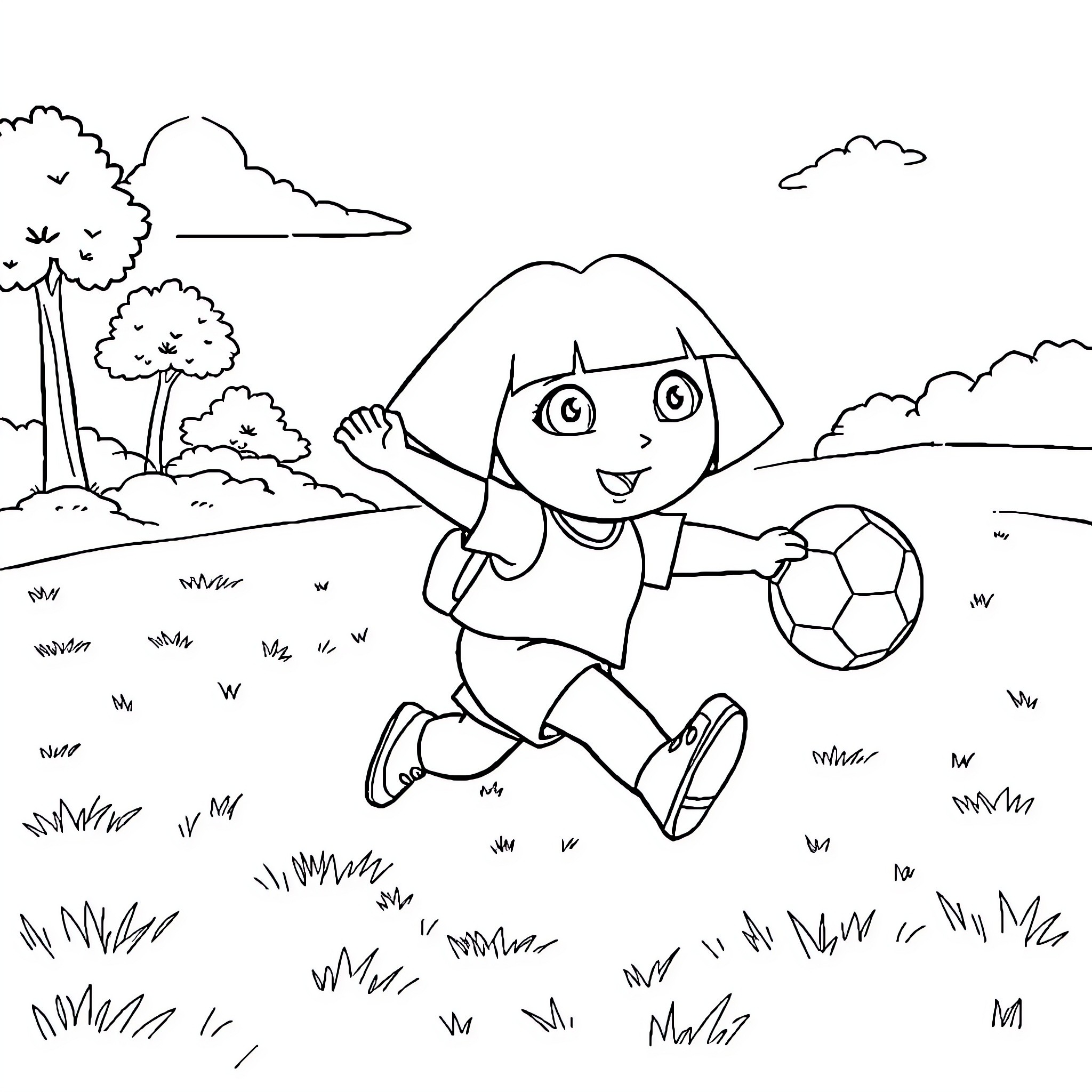 Dora playing with a soccer ball in a grassy field Coloring Page (free black-and-white line drawing printable PDF for all, from beginners to advanced learners, including children, teens, adults, and seniors)