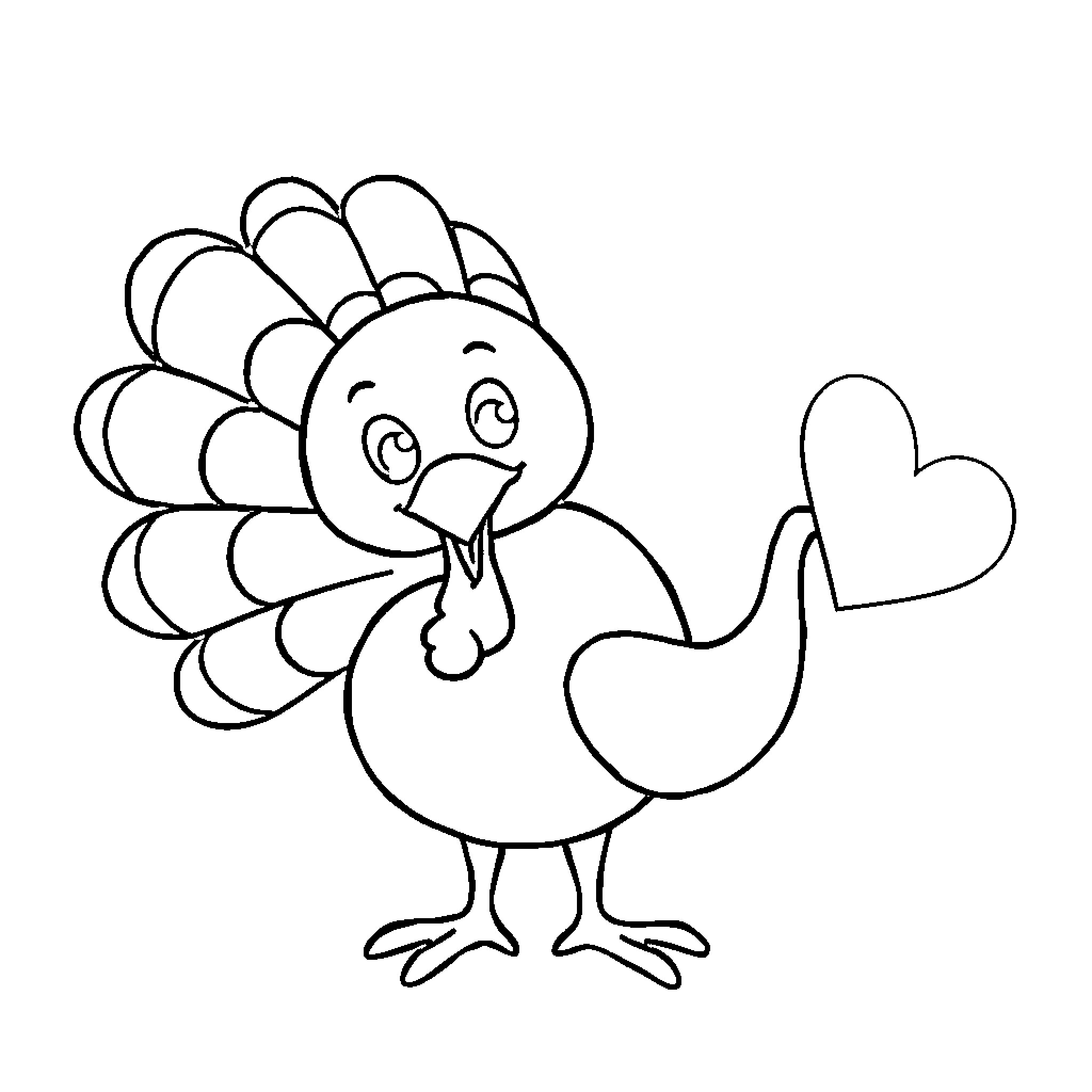 Turkey cartoon character with heart-shaped tail Coloring Page (free black-and-white line drawing printable PDF for all, from beginners to advanced learners, including children, teens, adults, and seniors)