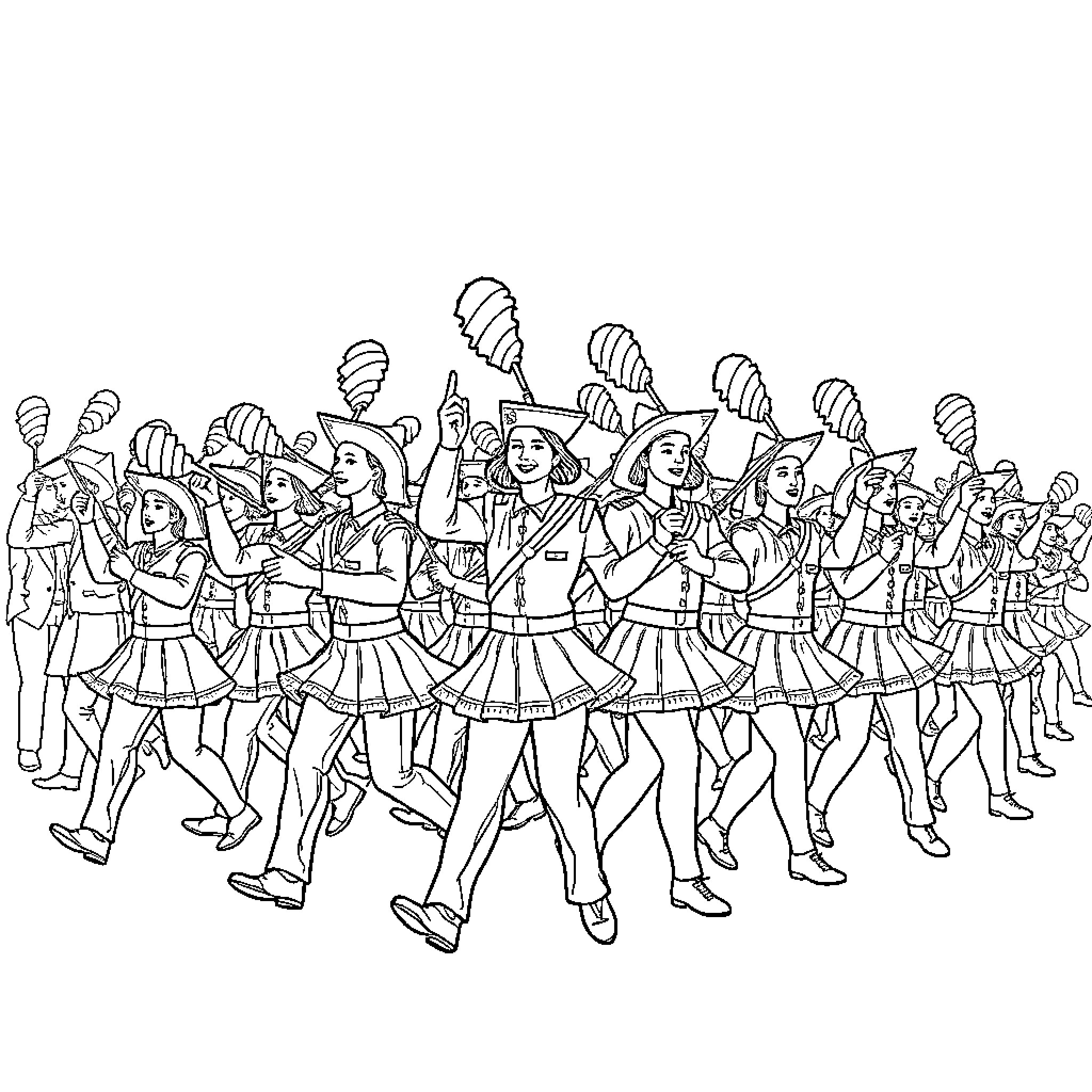 Baton-wielding marching band in uniform performance Coloring Page (free black-and-white line drawing printable PDF for all, from beginners to advanced learners, including children, teens, adults, and seniors)