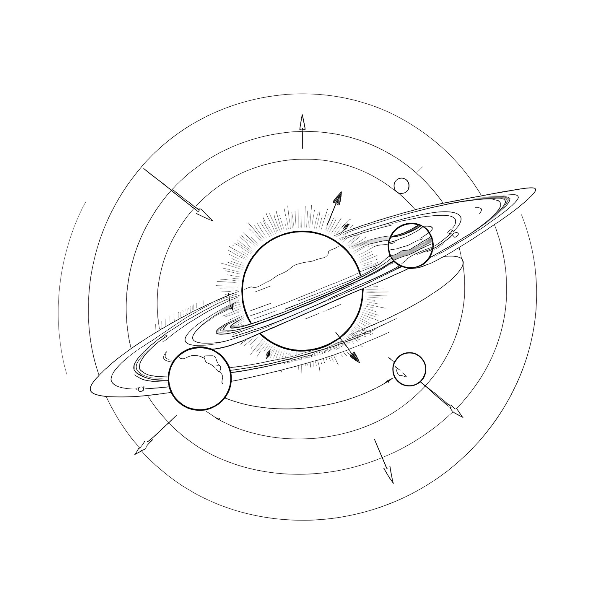 Planet with Celestial Objects and Geometric Shapes Coloring Page (free black-and-white line drawing printable PDF for all, from beginners to advanced learners, including children, teens, adults, and seniors)