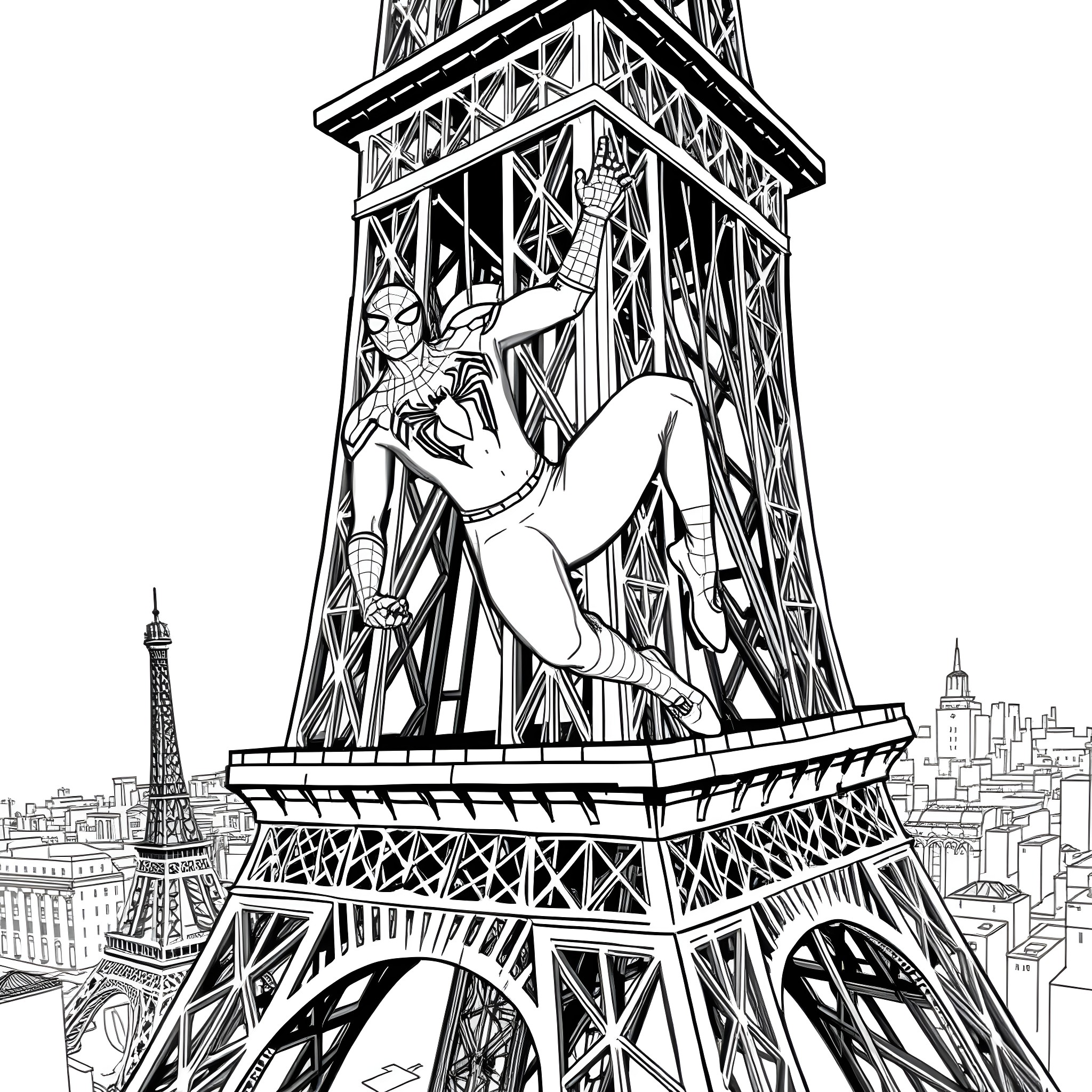 Spiderman scaling the Eiffel Tower in action Coloring Page (free black-and-white line drawing printable PDF for all, from beginners to advanced learners, including children, teens, adults, and seniors)