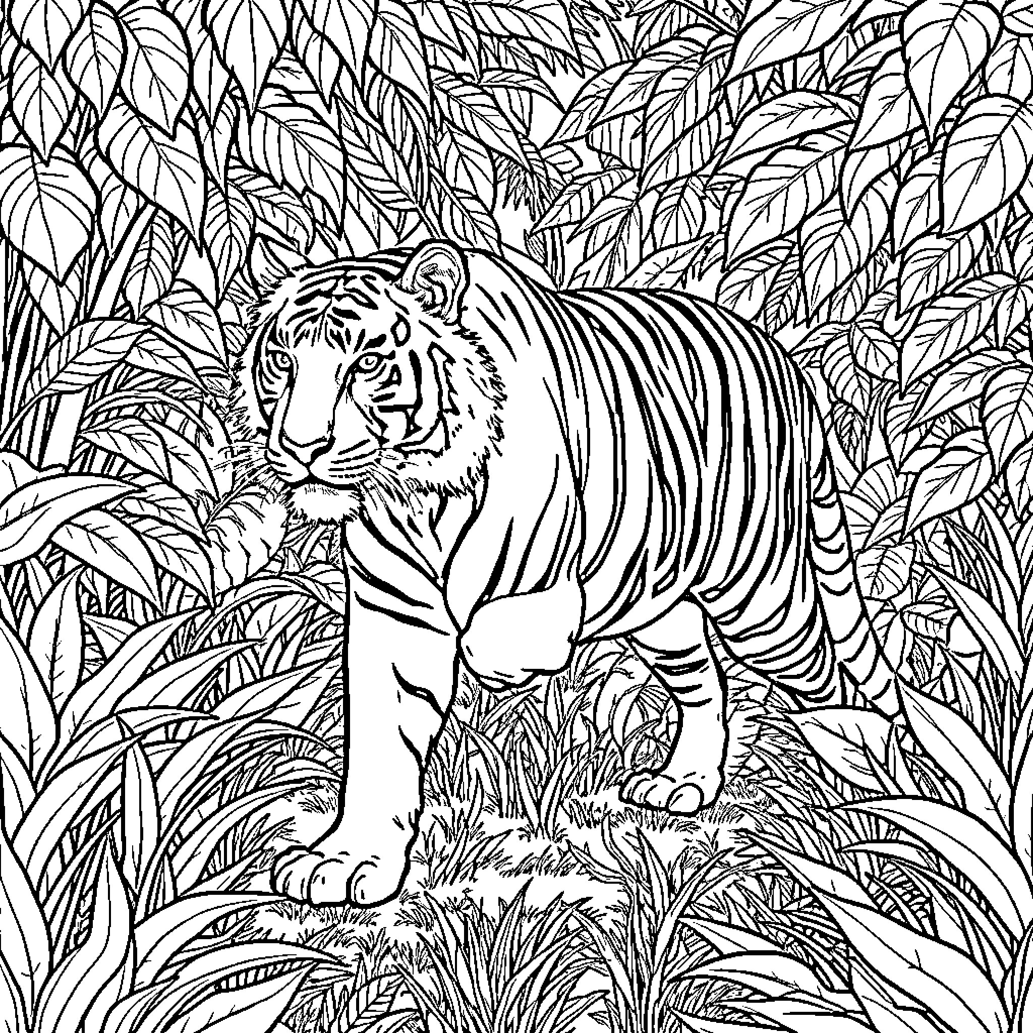 Tiger prowling through the lush jungle foliage Coloring Page (free black-and-white line drawing printable PDF for all, from beginners to advanced learners, including children, teens, adults, and seniors)