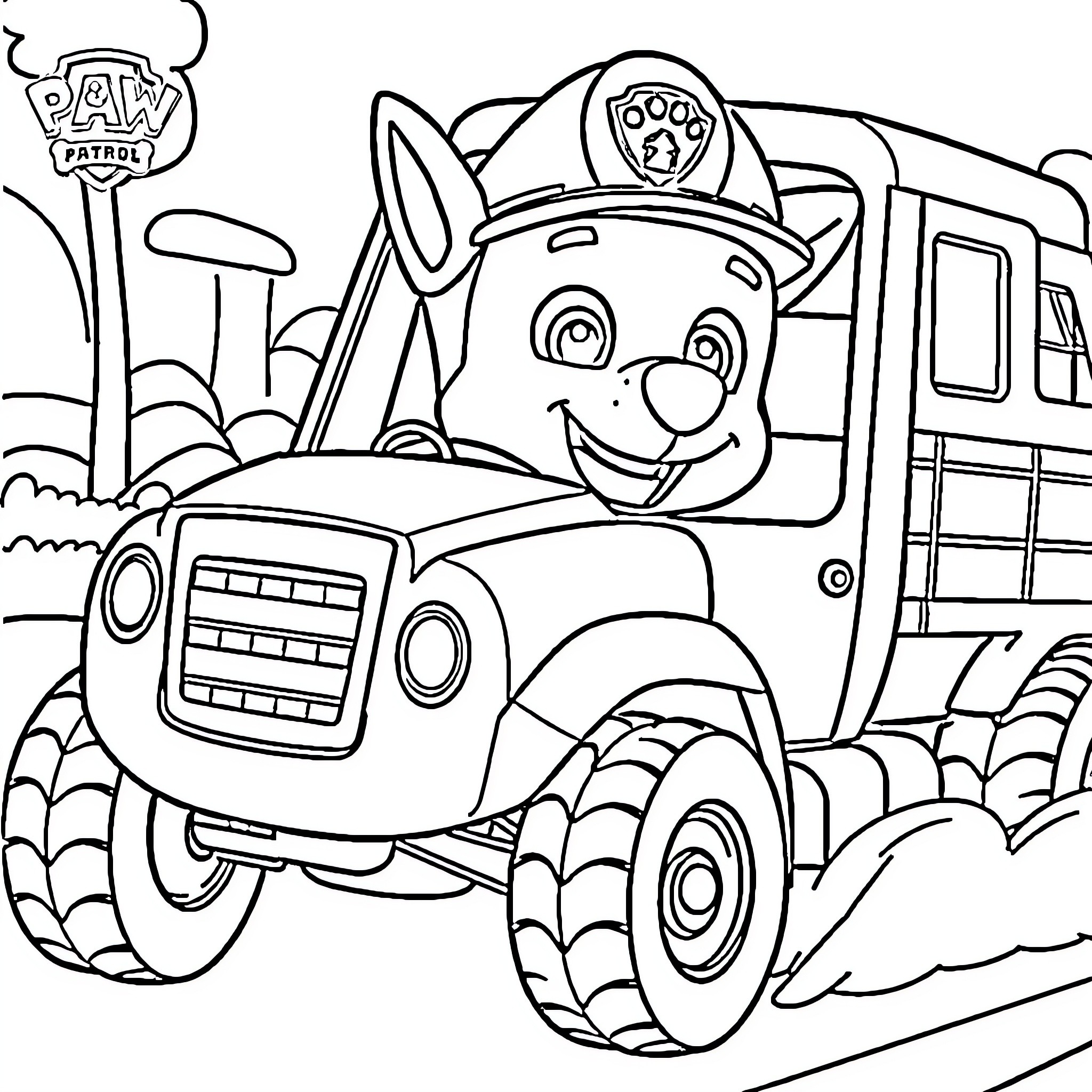 Max's Paw Patrol Rescue Adventure Coloring Page (free black-and-white line drawing printable PDF for all, from beginners to advanced learners, including children, teens, adults, and seniors)