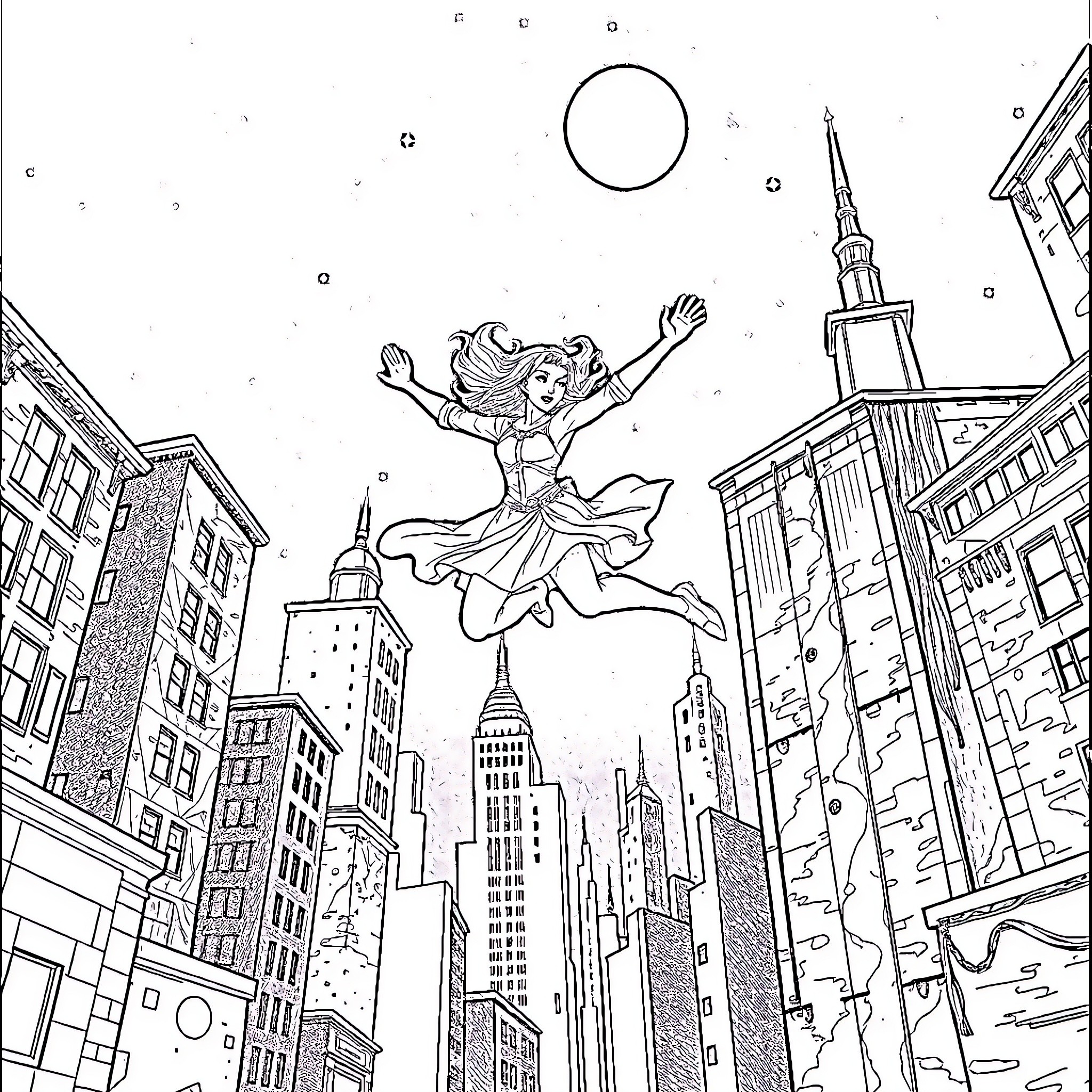 Vin Superhero soaring over skyscrapers Coloring Page (free black-and-white line drawing printable PDF for all, from beginners to advanced learners, including children, teens, adults, and seniors)