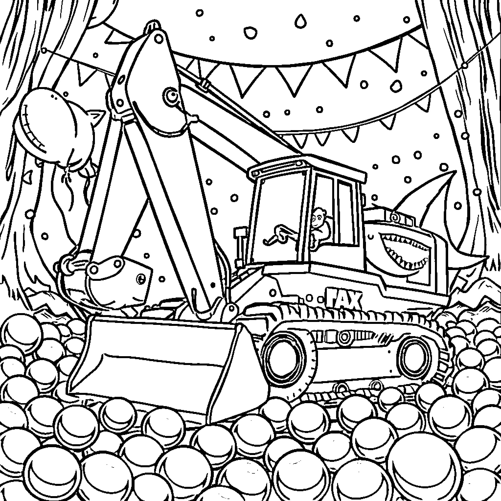 Excavator digging in a festive construction site Coloring Page (free black-and-white line drawing printable PDF for all, from beginners to advanced learners, including children, teens, adults, and seniors)
