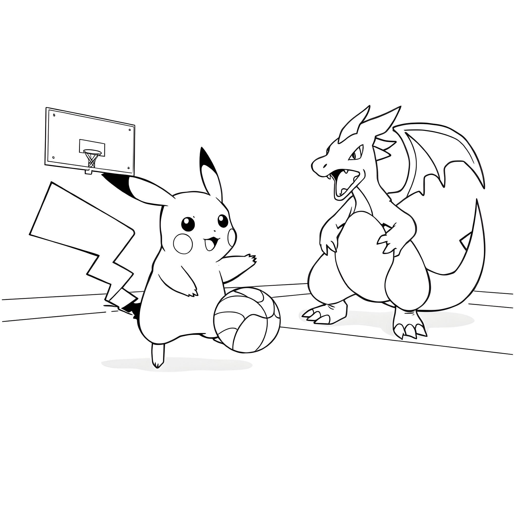 Pikachu playing basketball with Charizard Coloring Page (free black-and-white line drawing printable PDF for all, from beginners to advanced learners, including children, teens, adults, and seniors)