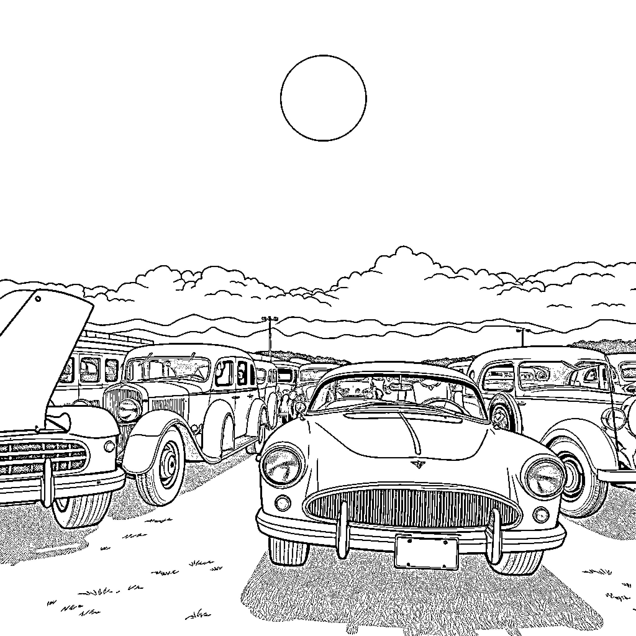 Car Gathering in Scenic Landscape Coloring Page (free black-and-white line drawing printable PDF for all, from beginners to advanced learners, including children, teens, adults, and seniors)