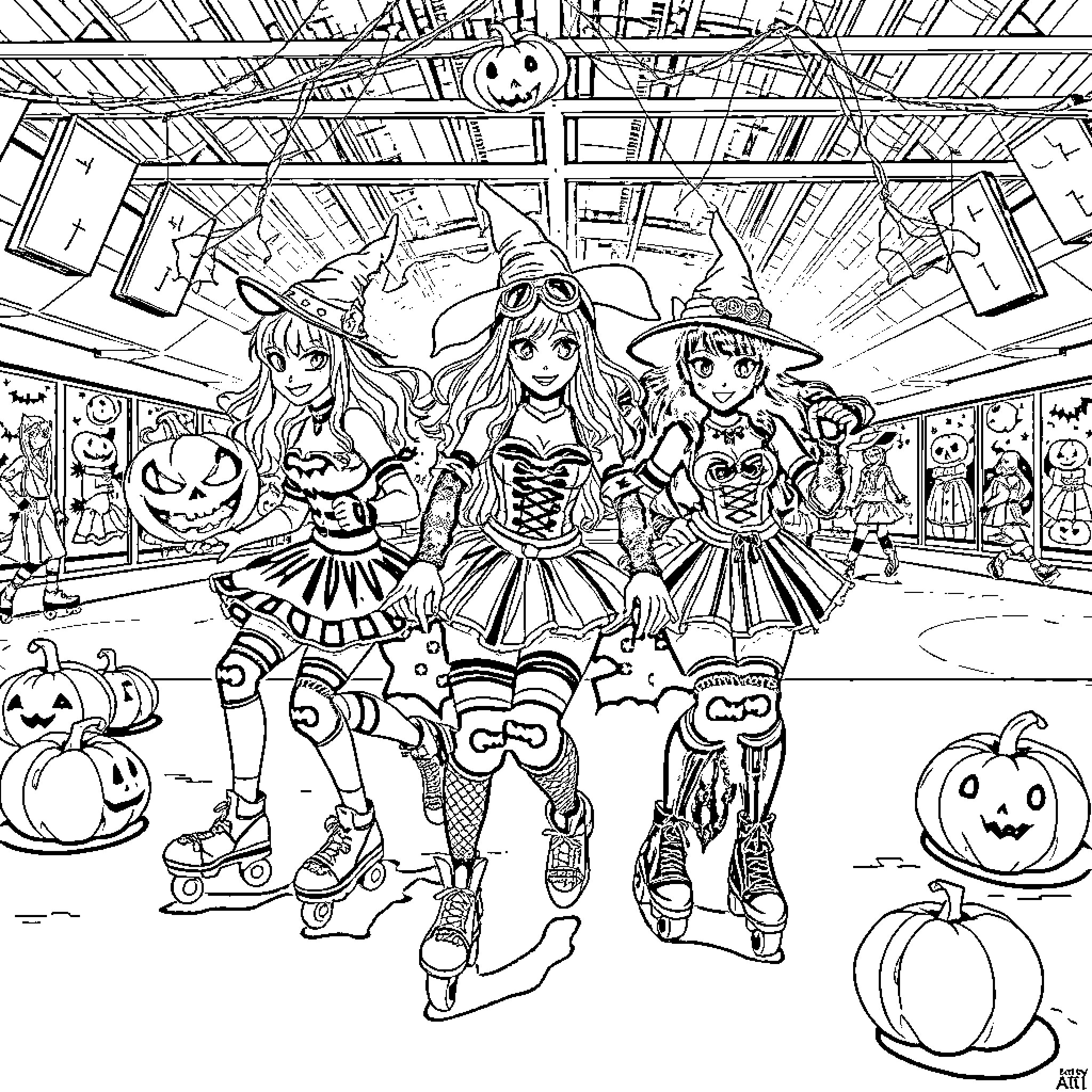 Roller Derby Halloween Costume Celebration Coloring Page (free black-and-white line drawing printable PDF for all, from beginners to advanced learners, including children, teens, adults, and seniors)