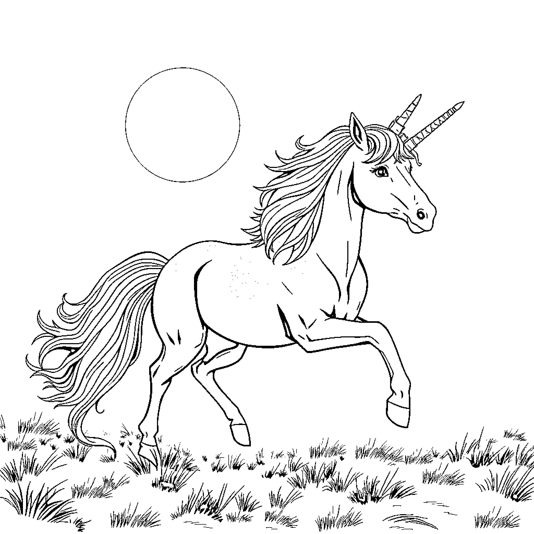 Unicorn galloping through a magical meadow Coloring Page (free black-and-white line drawing printable PDF for all, from beginners to advanced learners, including children, teens, adults, and seniors)