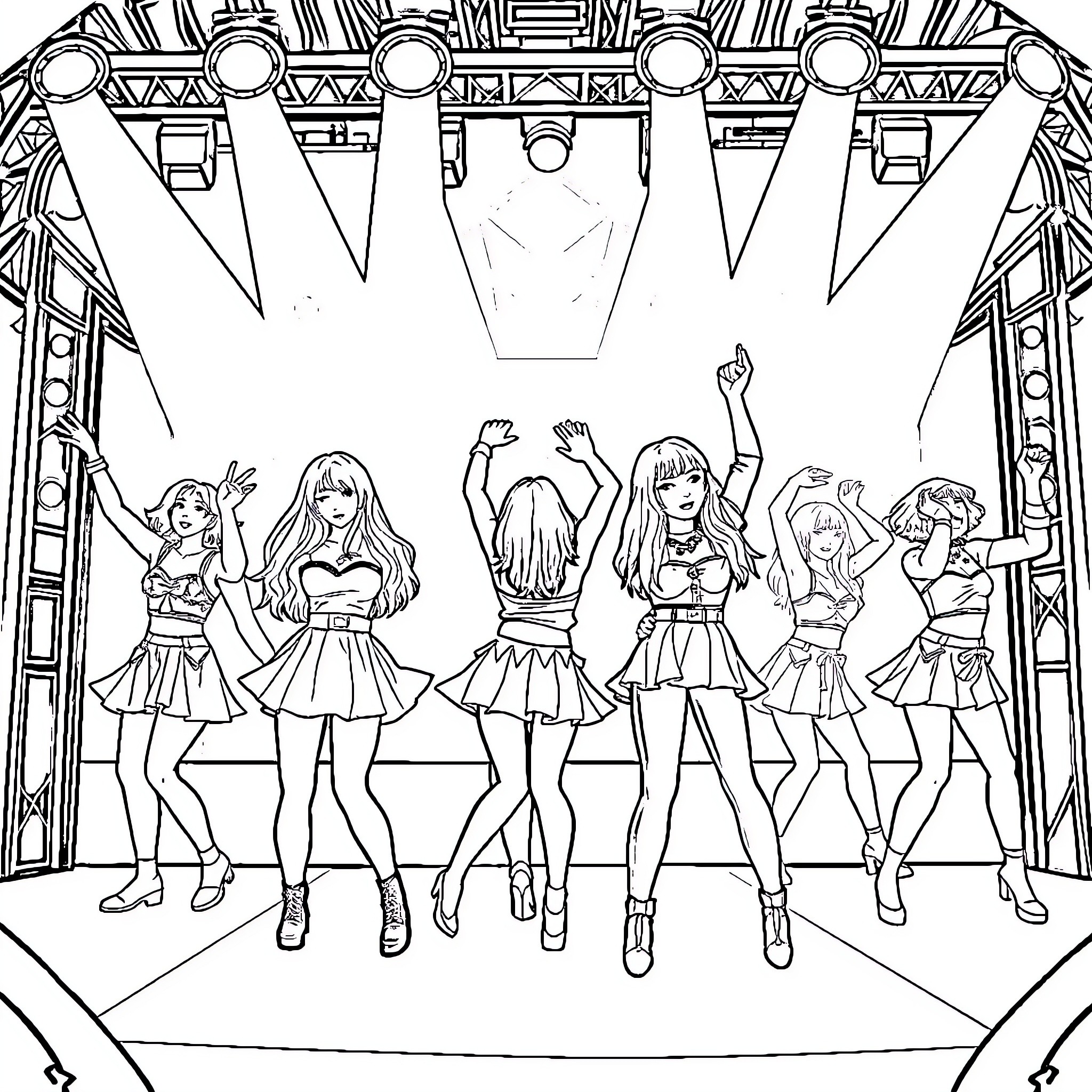 Kpop Idols Performing on Stage with Stylish Outfits Coloring Page (free black-and-white line drawing printable PDF for all, from beginners to advanced learners, including children, teens, adults, and seniors)