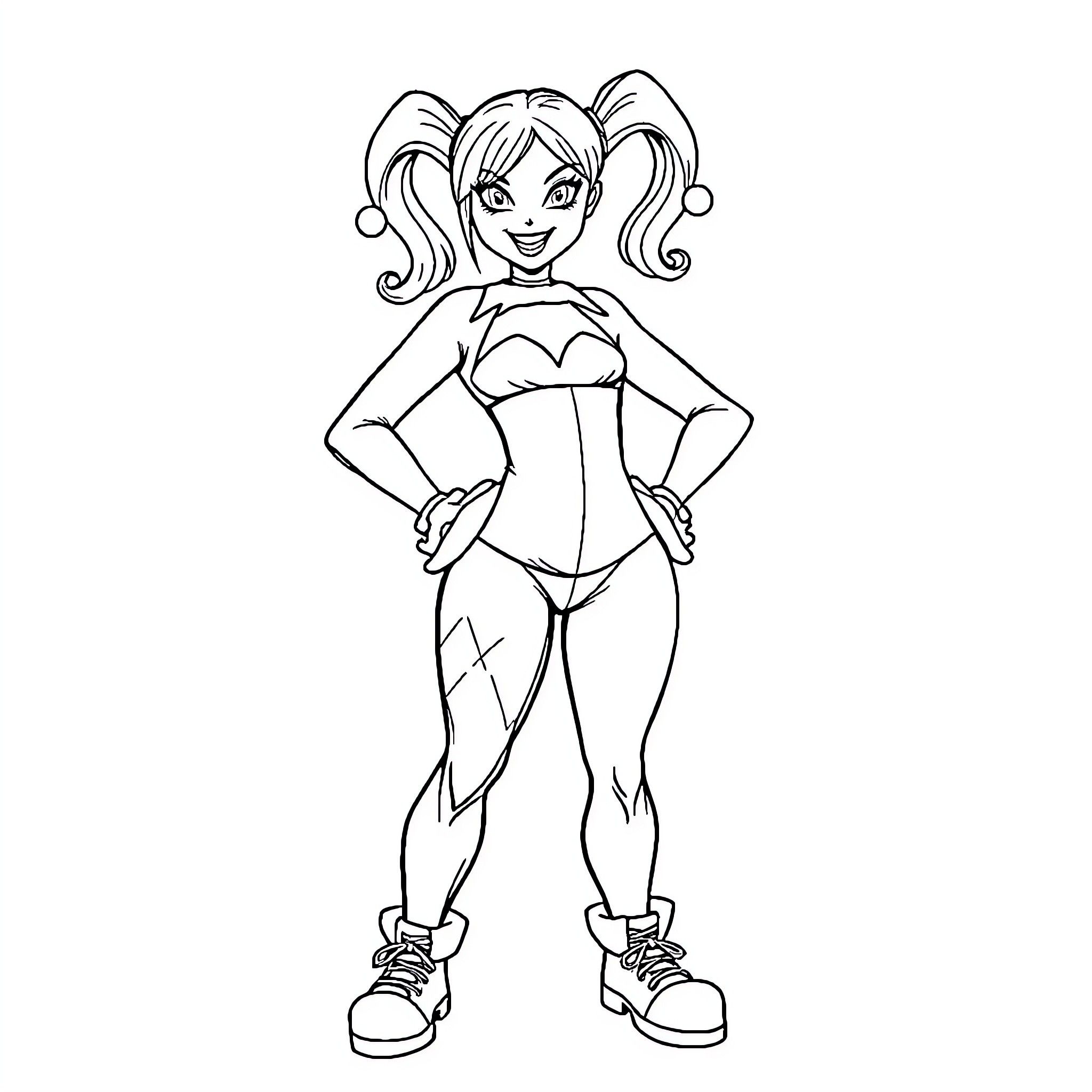 Harley Quinn posing confidently in her signature outfit Coloring Page (free black-and-white line drawing printable PDF for all, from beginners to advanced learners, including children, teens, adults, and seniors)