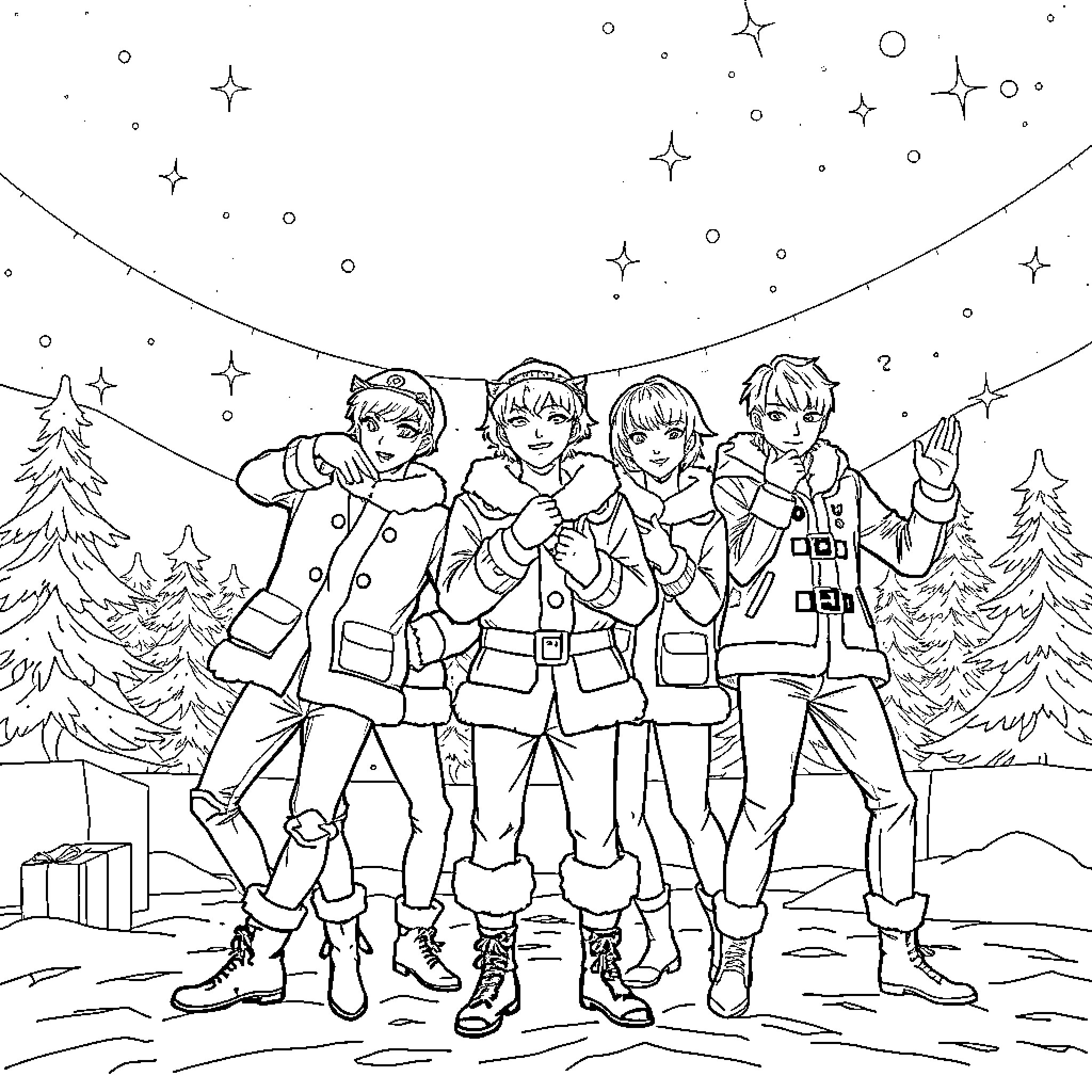 K-Pop Wars: Idols Battling in the Snowy Wilderness Coloring Page (free black-and-white line drawing printable PDF for all, from beginners to advanced learners, including children, teens, adults, and seniors)