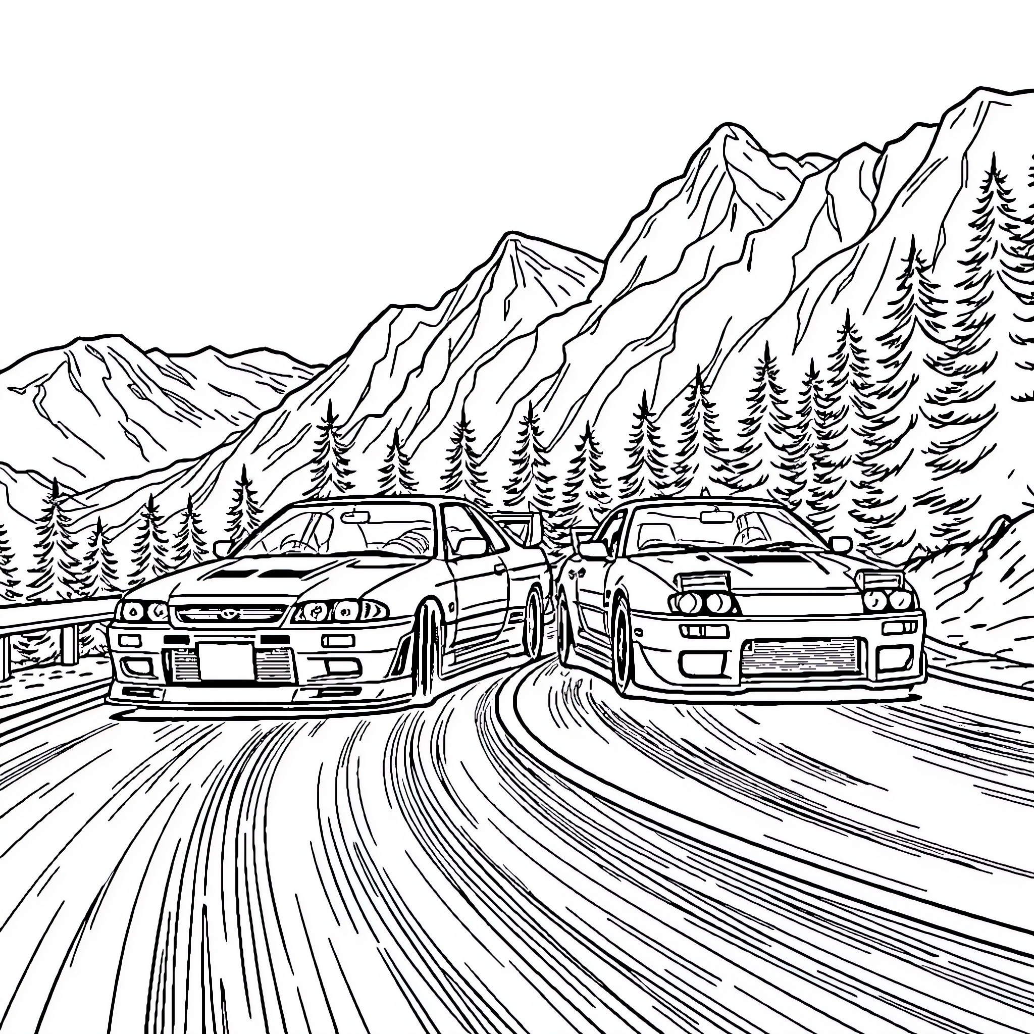 Cars racing through scenic mountain landscape Coloring Page (free black-and-white line drawing printable PDF for all, from beginners to advanced learners, including children, teens, adults, and seniors)