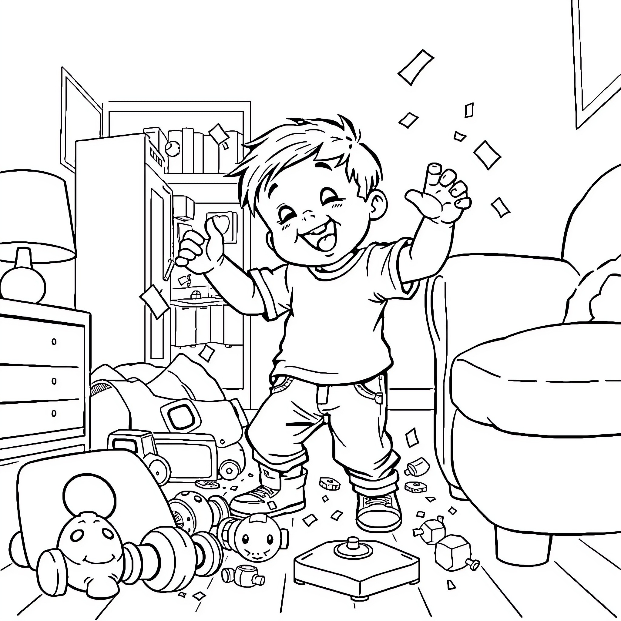 Toddler having fun with toys in messy room Coloring Page (free black-and-white line drawing printable PDF for all, from beginners to advanced learners, including children, teens, adults, and seniors)