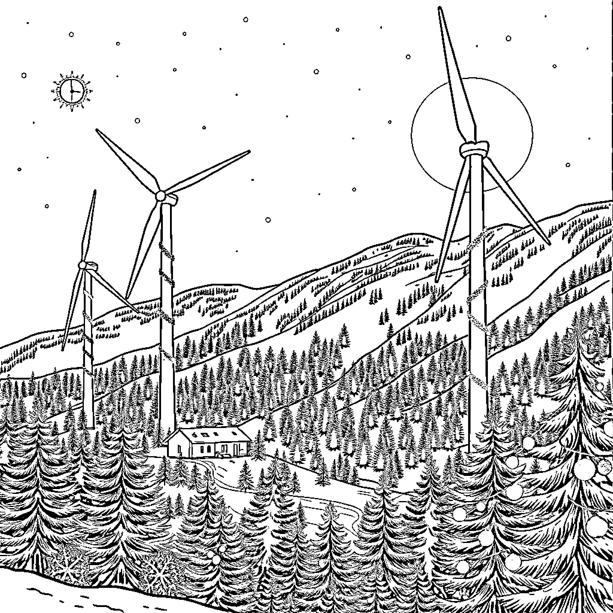 Wind Farm in Snowy Winter Landscape Coloring Page (free black-and-white line drawing printable PDF for all, from beginners to advanced learners, including children, teens, adults, and seniors)